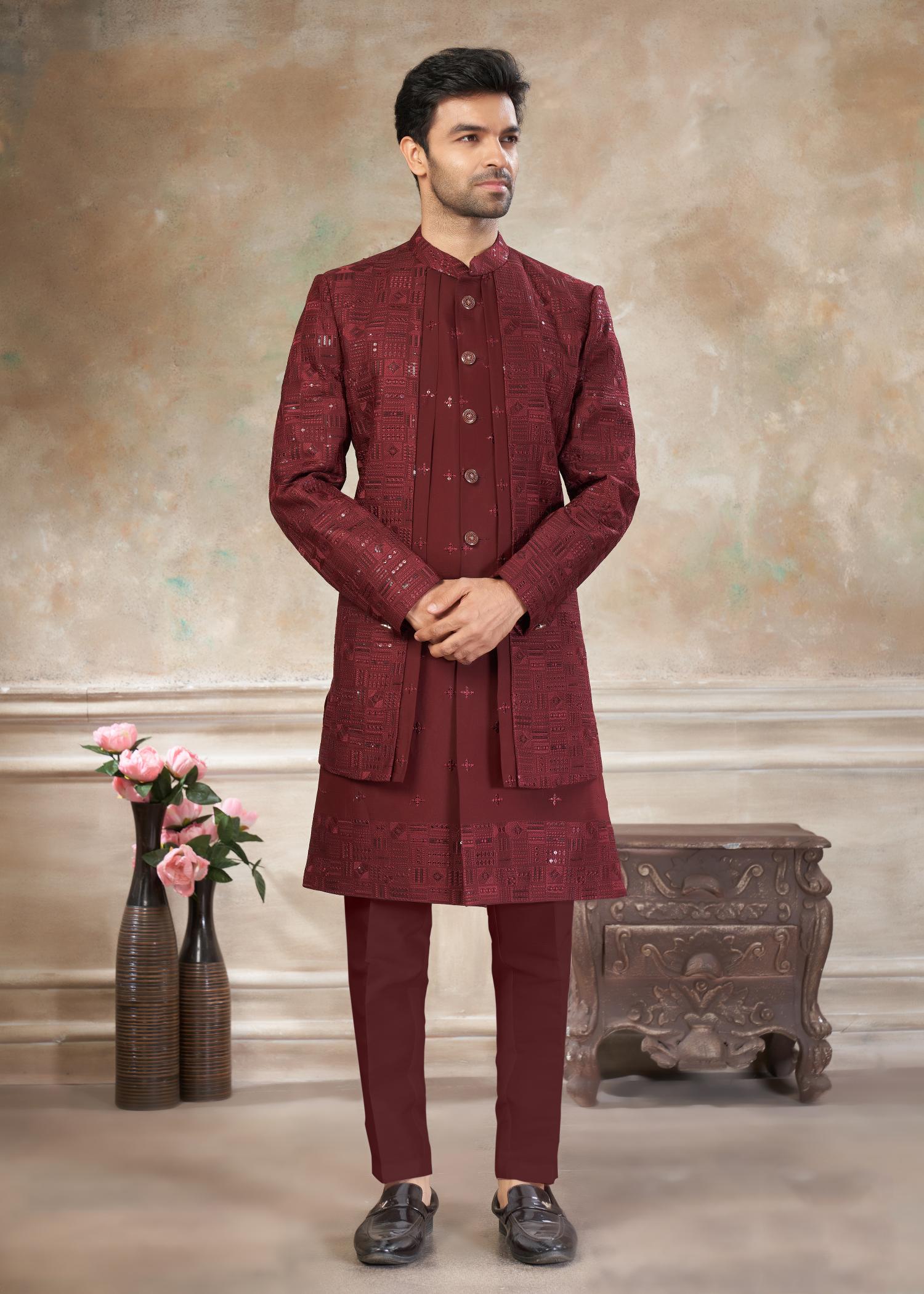 Maroon Silk Indo Western Sherwani