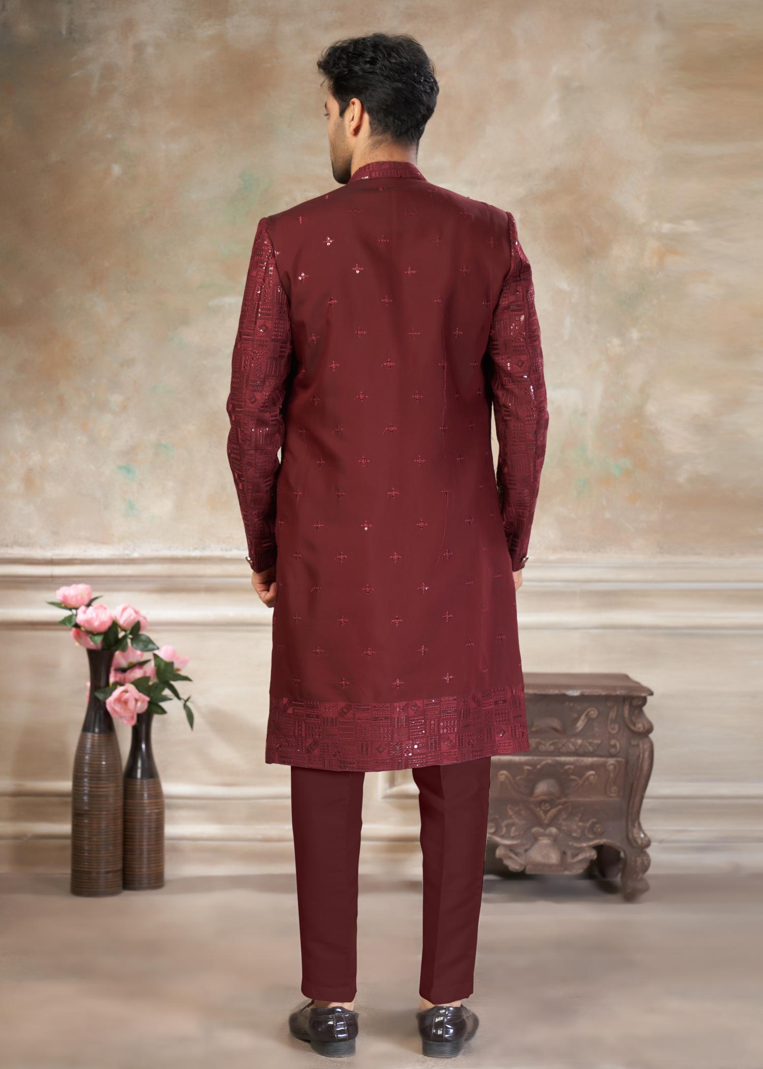 Maroon Silk Indo Western Sherwani — alternate view