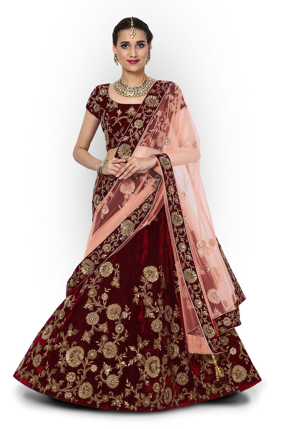 Maroon Silk Velvet Bridal Lehenga