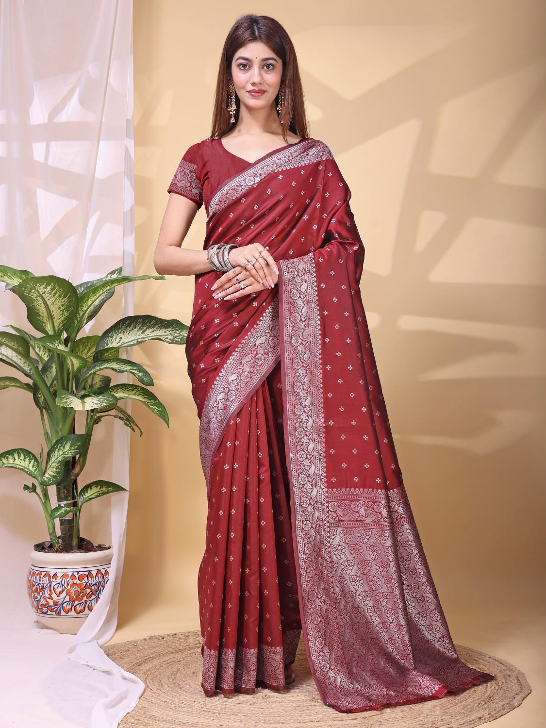 Maroon Silver Lichi Silk Zari Work Saree