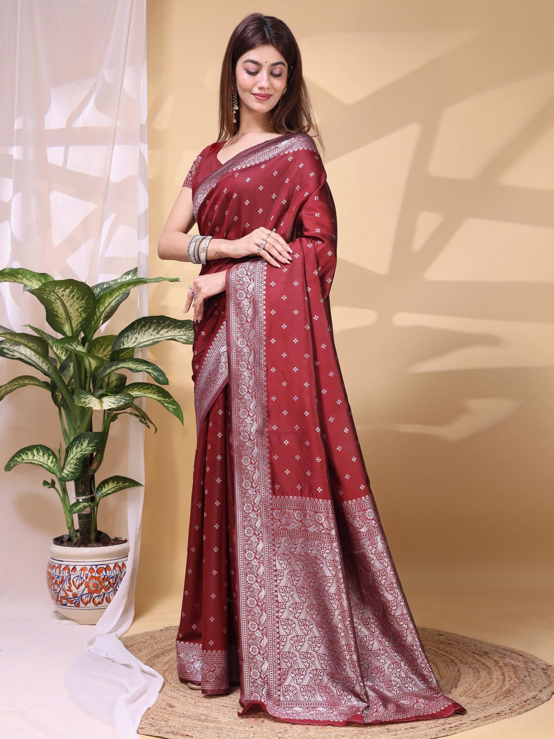 Maroon Silver Lichi Silk Zari Work Saree