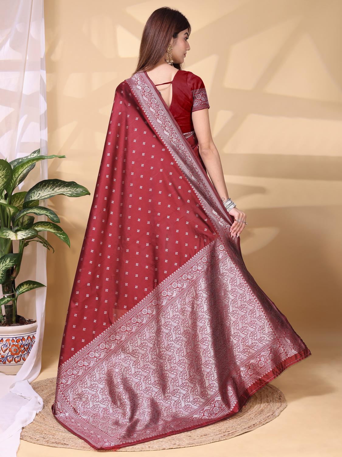 Maroon Silver Lichi Silk Zari Work Saree