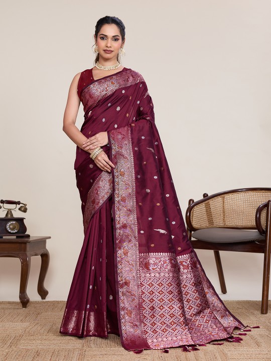 Maroon Soft Silk Zari Woven Saree