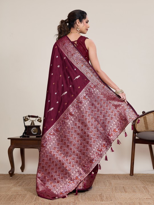 Maroon Soft Silk Zari Woven Saree — alternate view