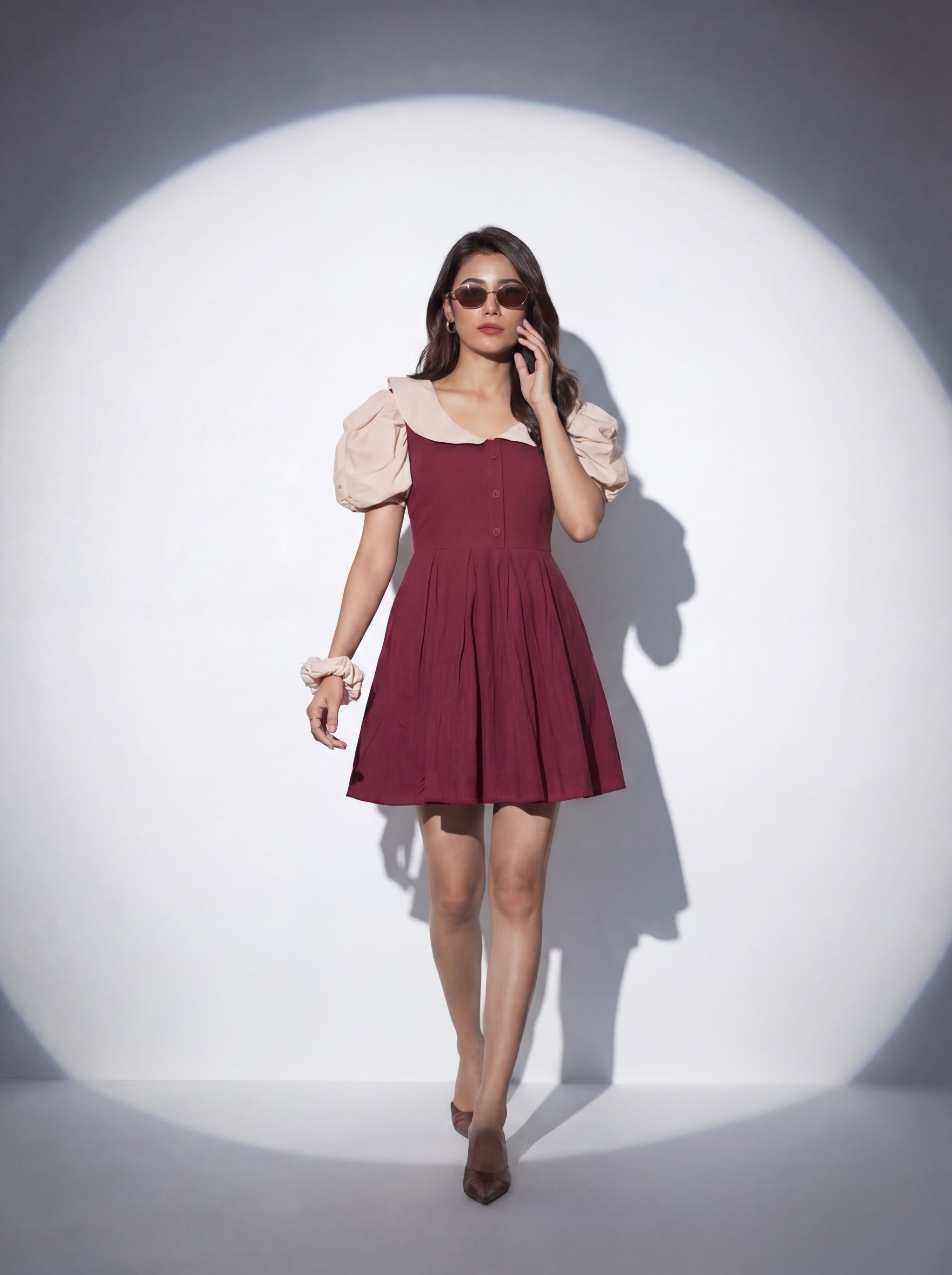 Maroon Solid Designer Cotton Western Dress