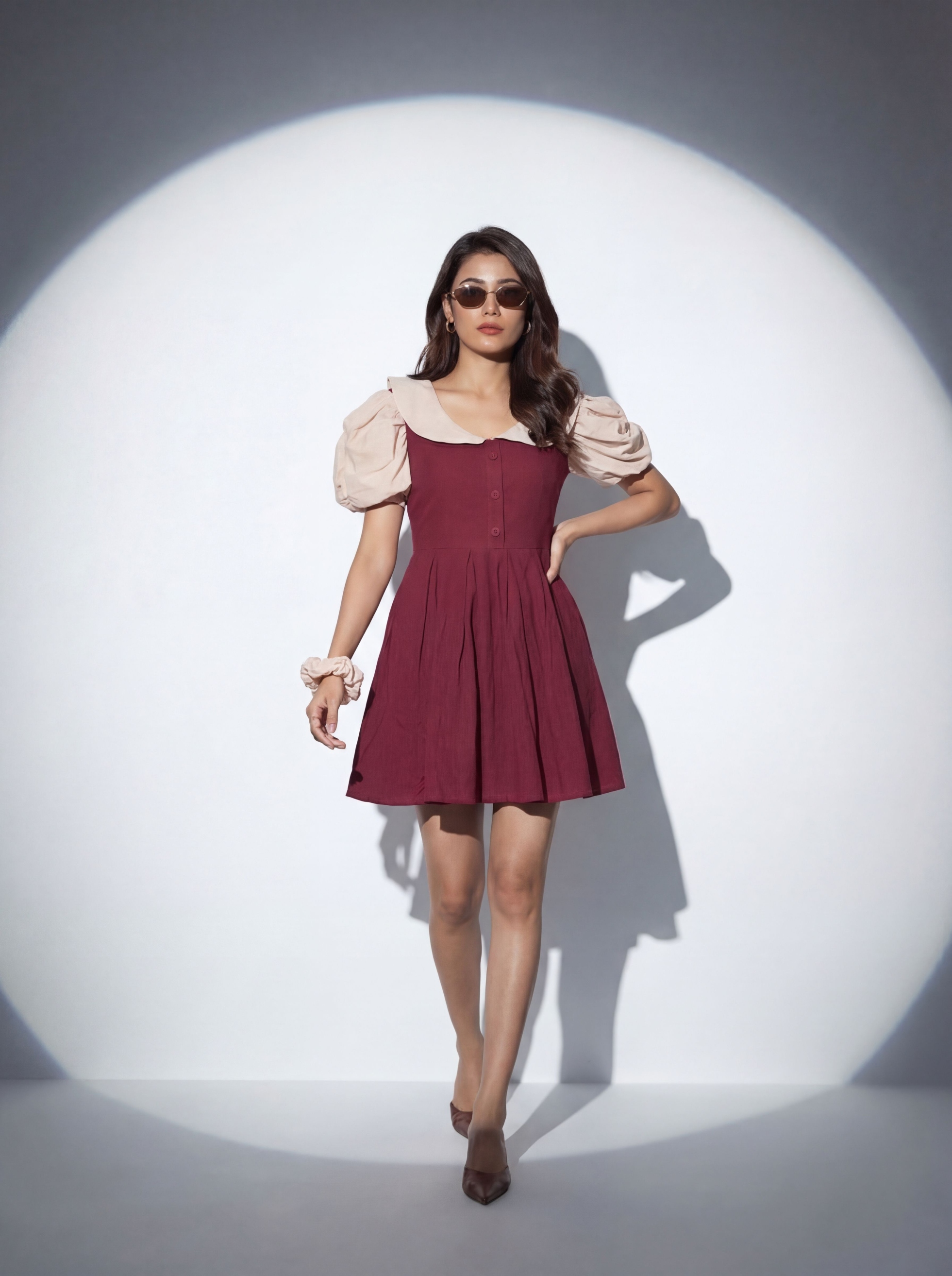 Maroon Solid Designer Cotton Western Dress