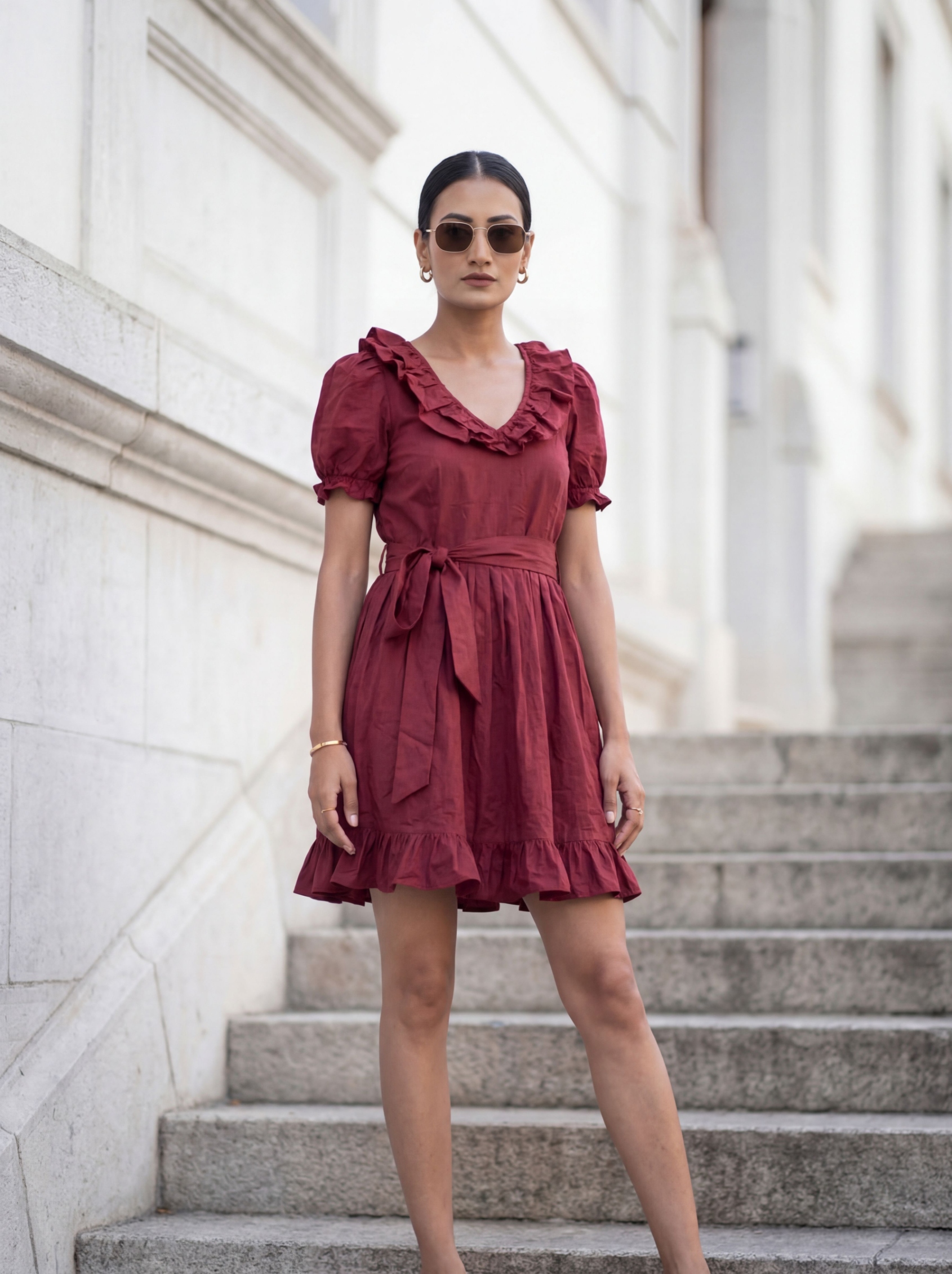 Maroon Solid Designer Cotton Western Dress