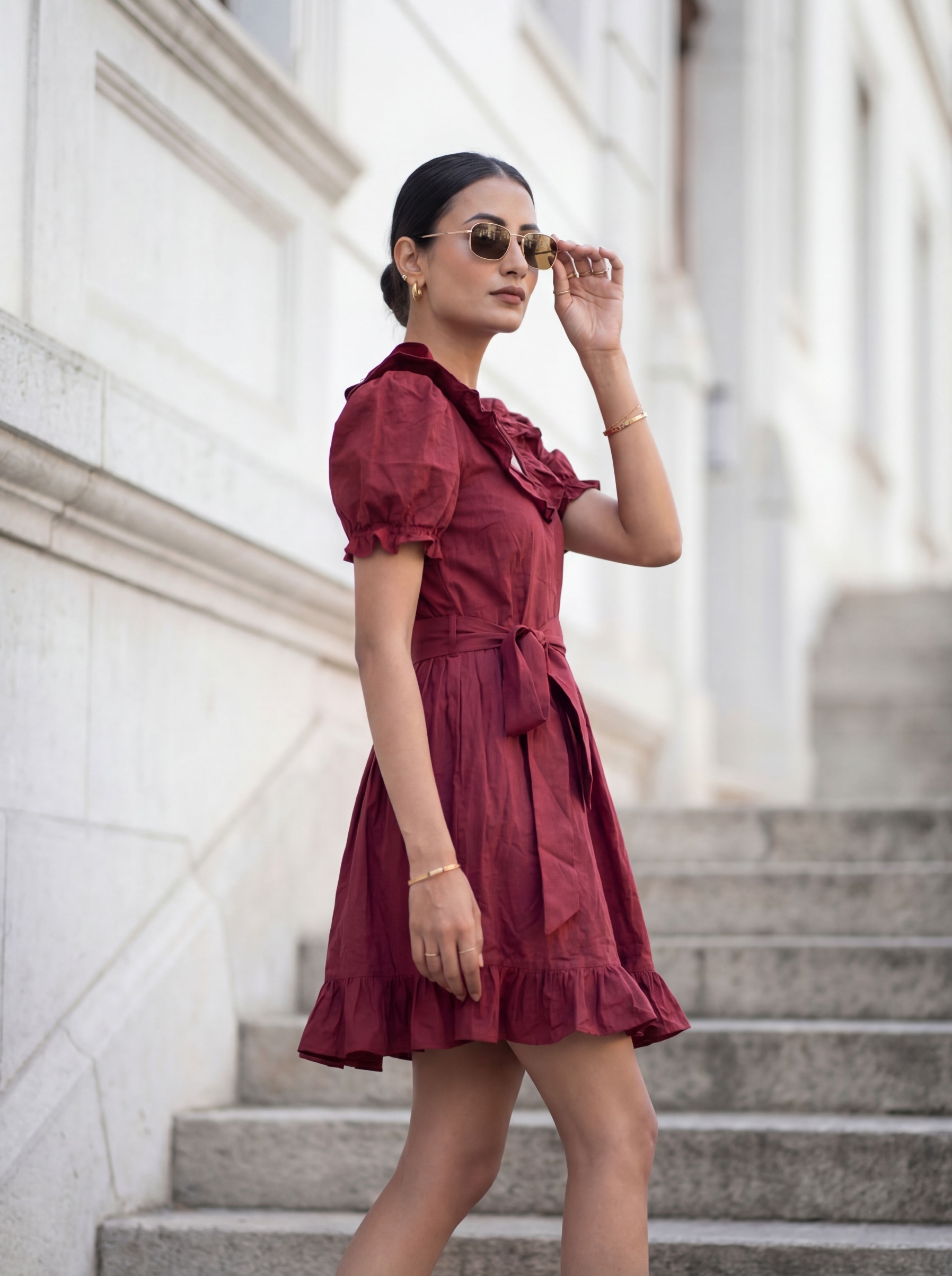 Maroon Solid Designer Cotton Western Dress — alternate view
