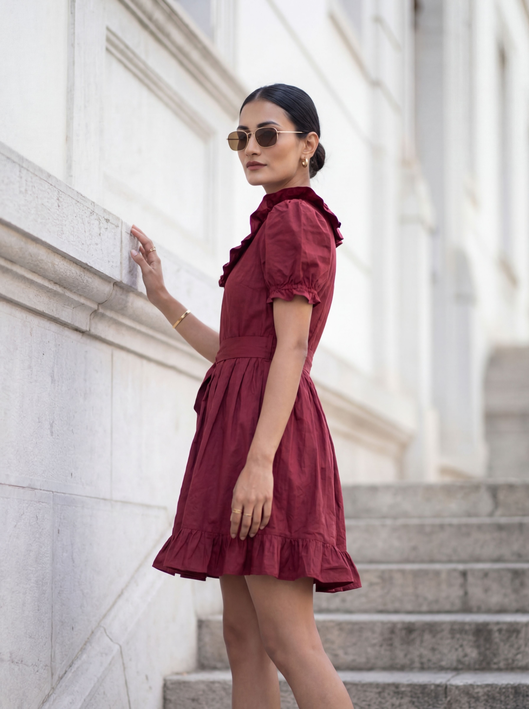 Maroon Solid Designer Cotton Western Dress
