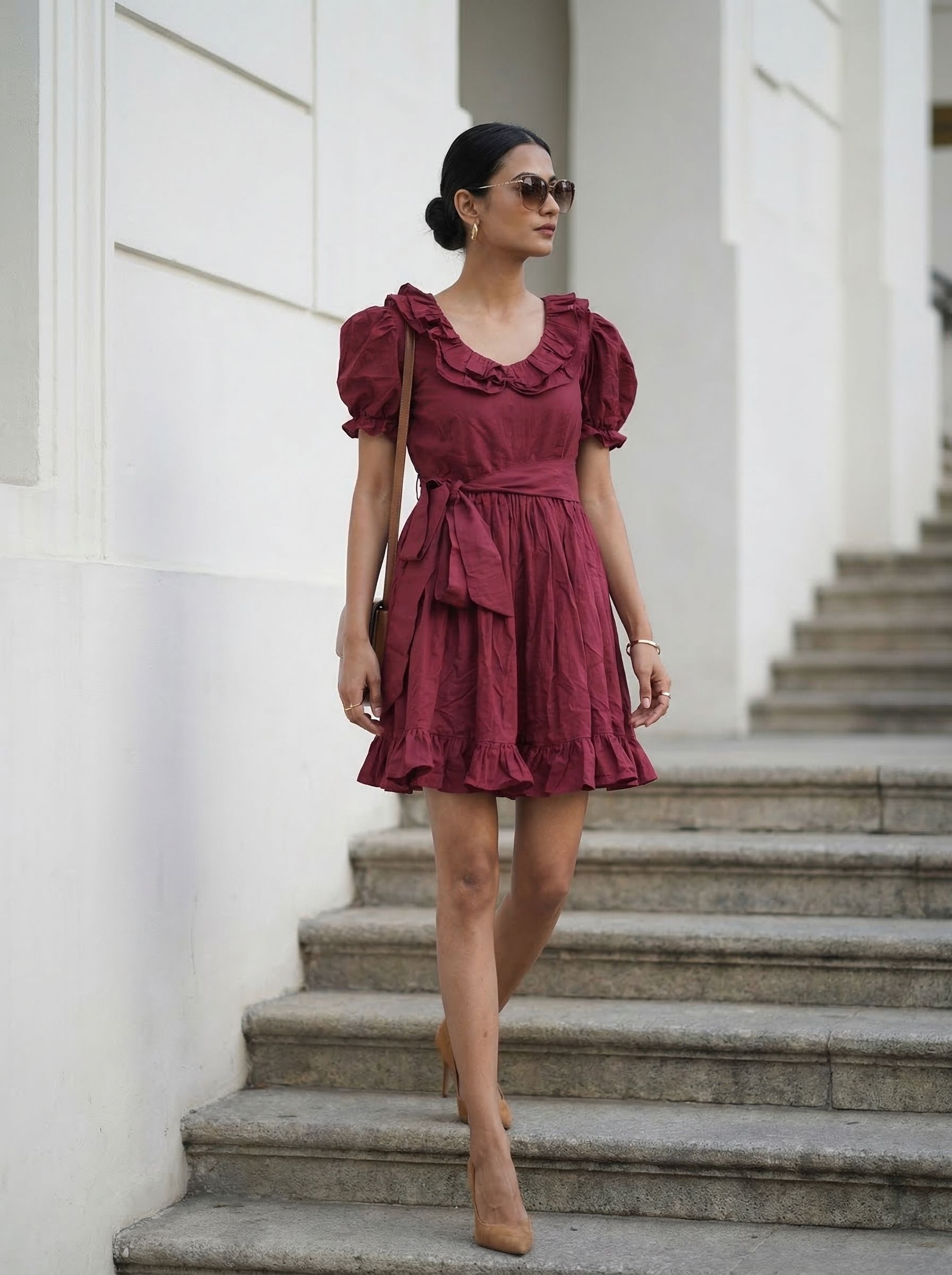 Maroon Solid Designer Cotton Western Dress