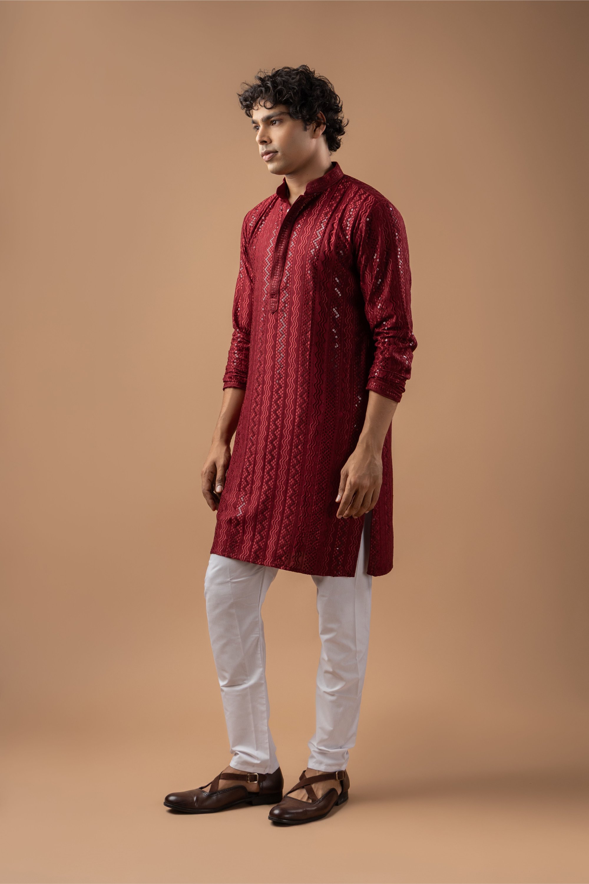 Maroon Stripe Embroidery Rayon Kurta Pyjama