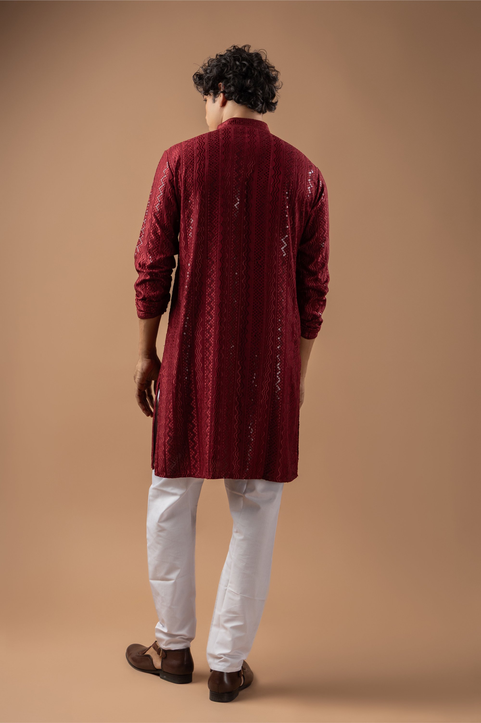 Maroon Stripe Embroidery Rayon Kurta Pyjama — alternate view
