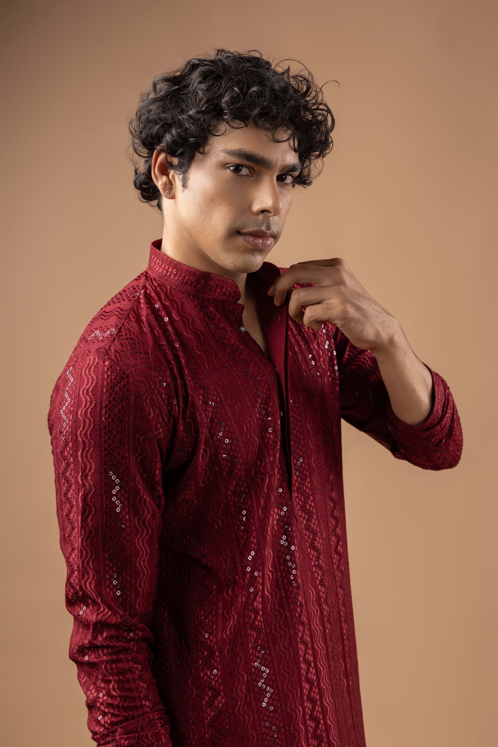 Maroon Stripe Embroidery Rayon Kurta Pyjama