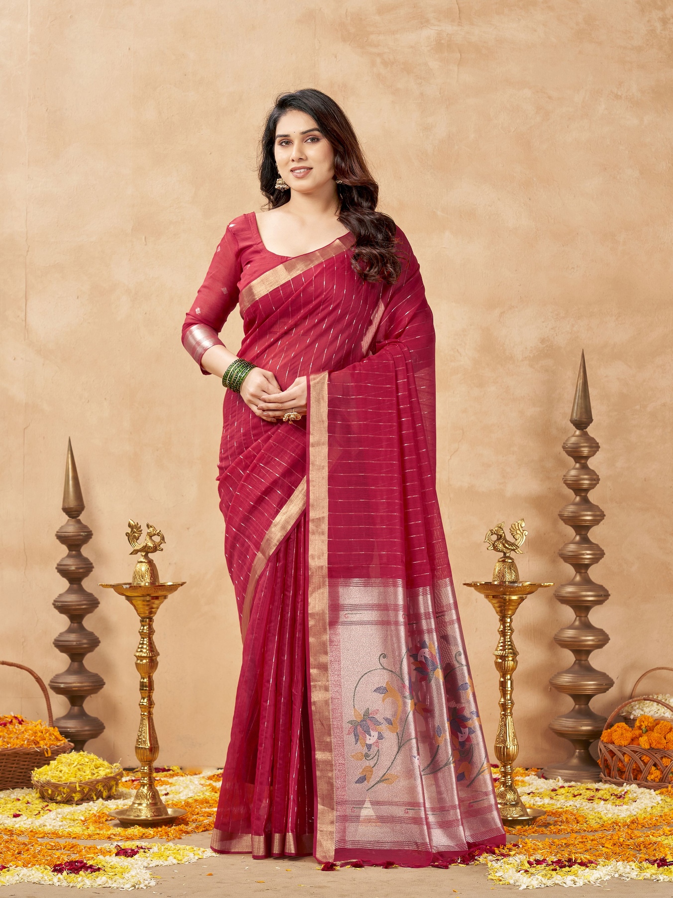 Maroon Striped Weaving Zari Tissue Cotton Saree
