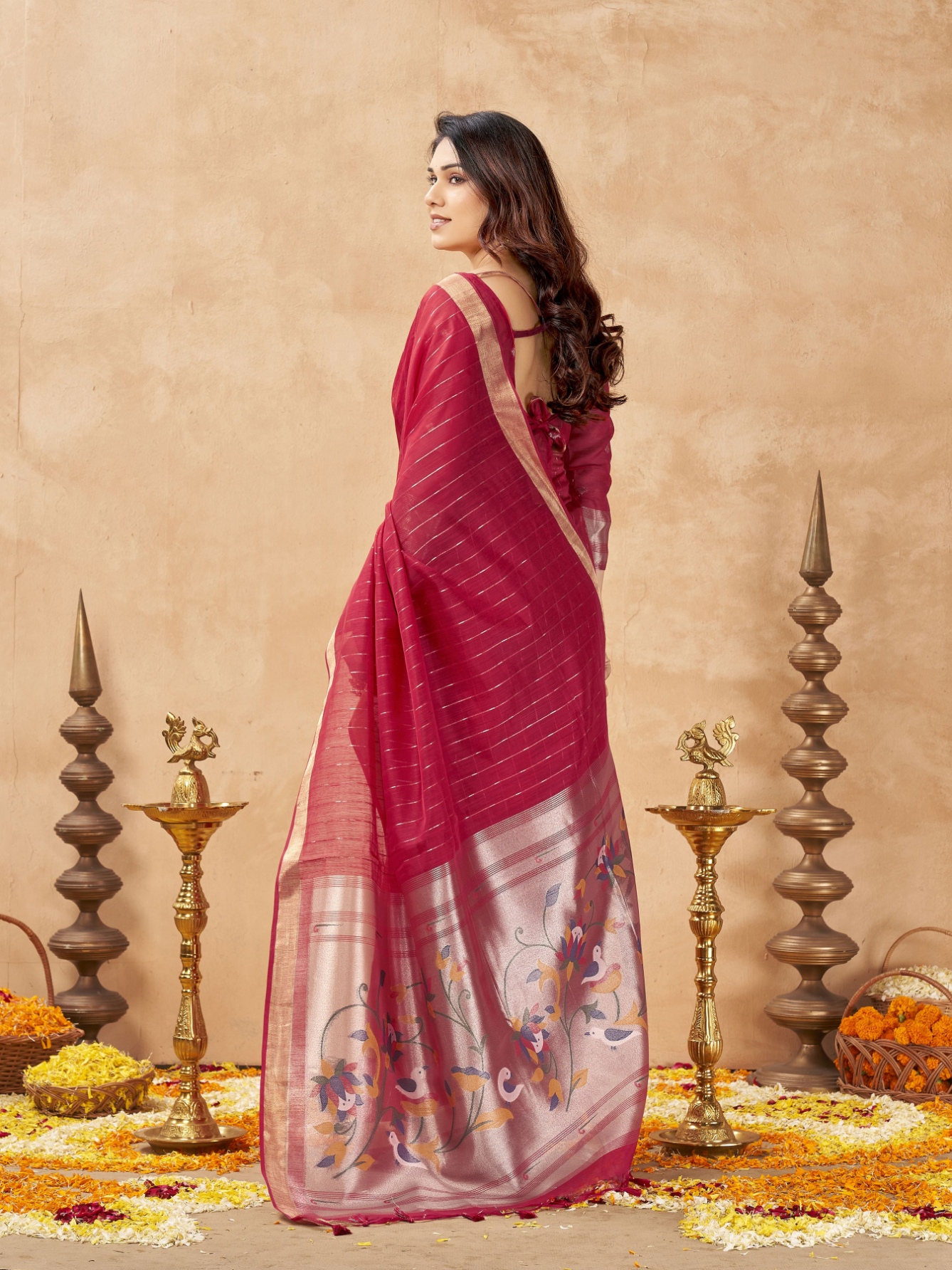 Maroon Striped Weaving Zari Tissue Cotton Saree — alternate view