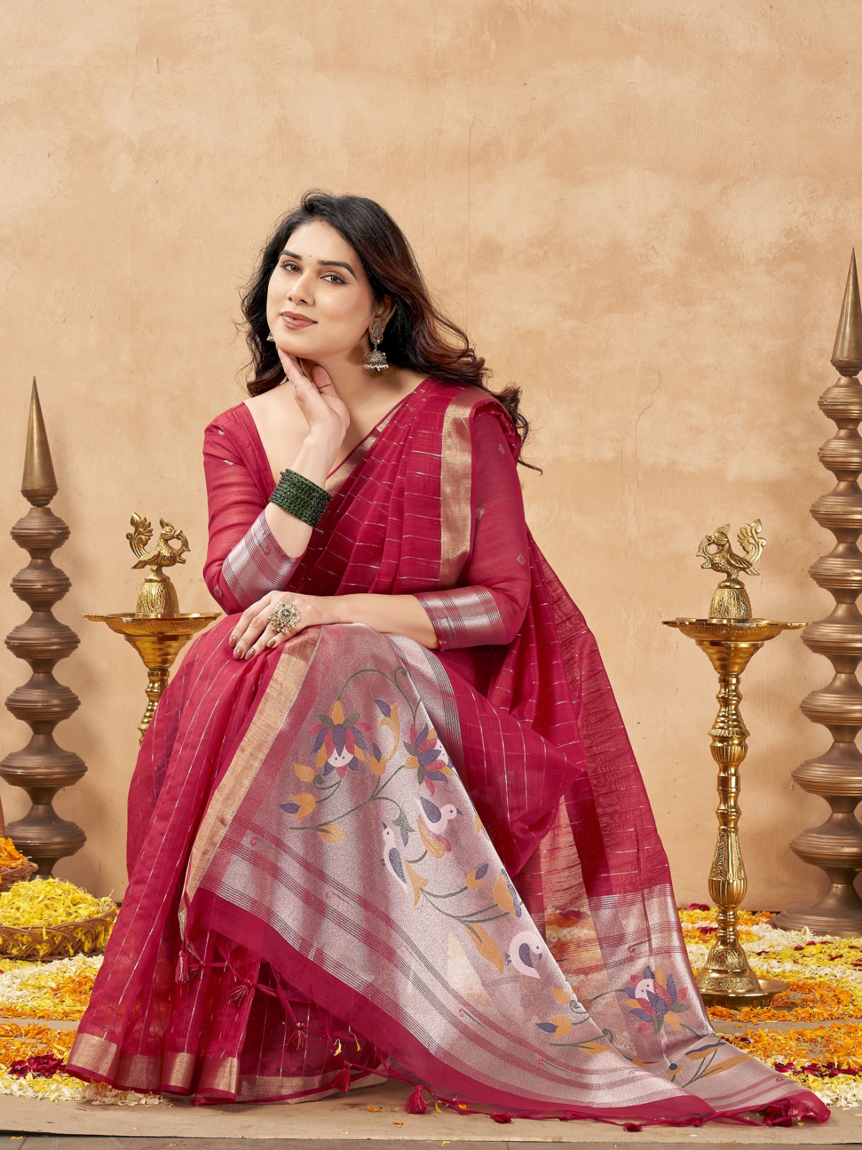 Maroon Striped Weaving Zari Tissue Cotton Saree