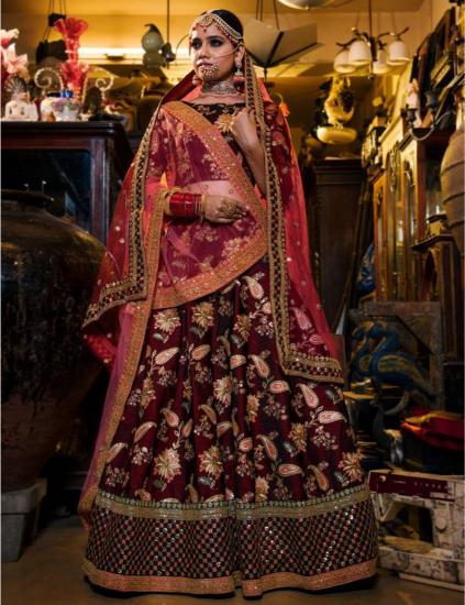Maroon Taffeta Silk Embroidered Lehenga