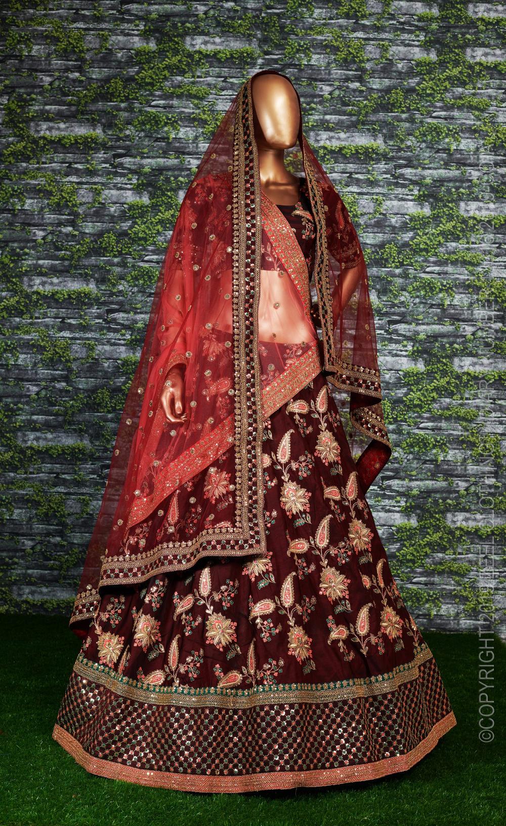 Maroon Taffeta Silk Embroidered Lehenga