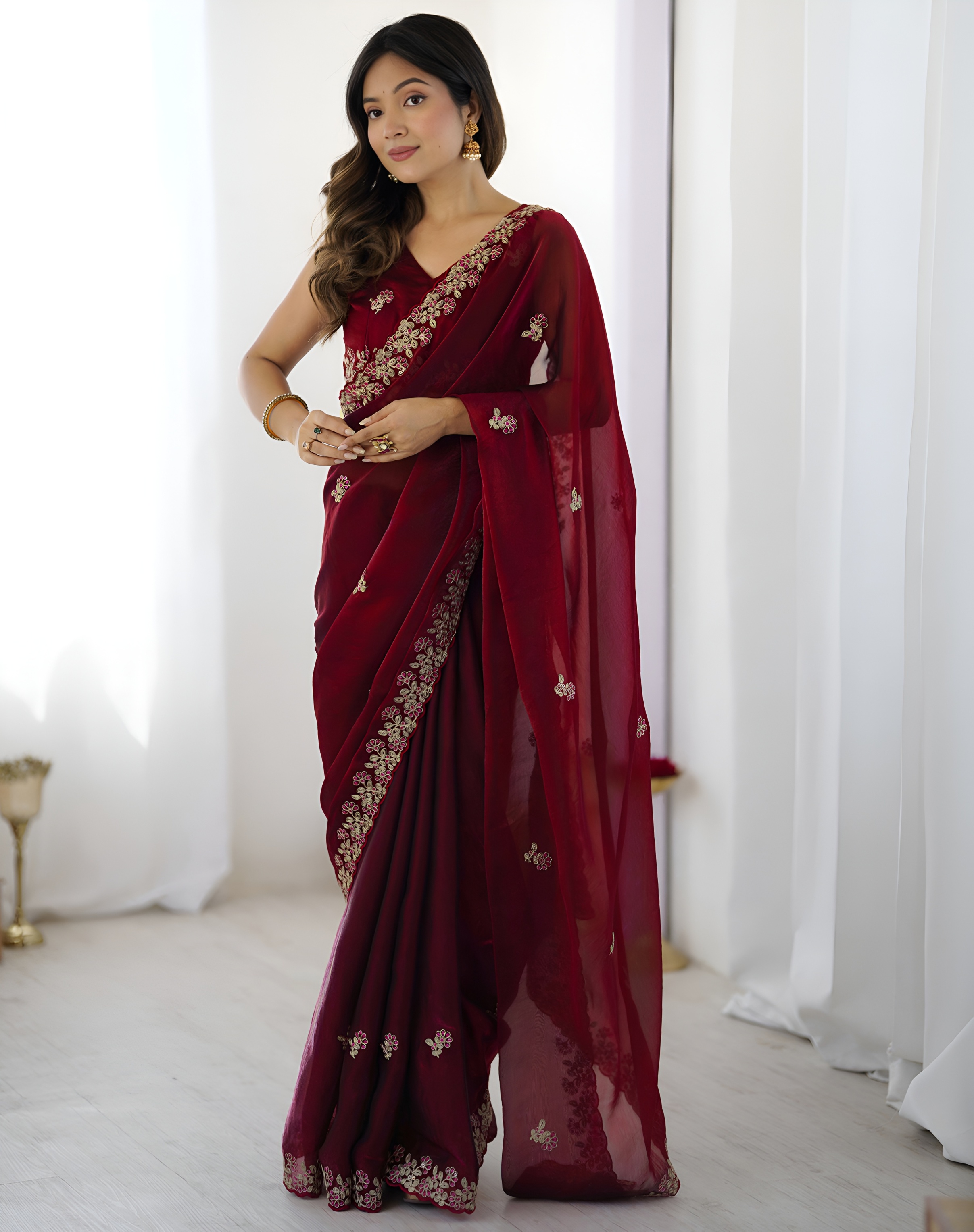 Maroon Threadwork Fendy Satin Silk Saree