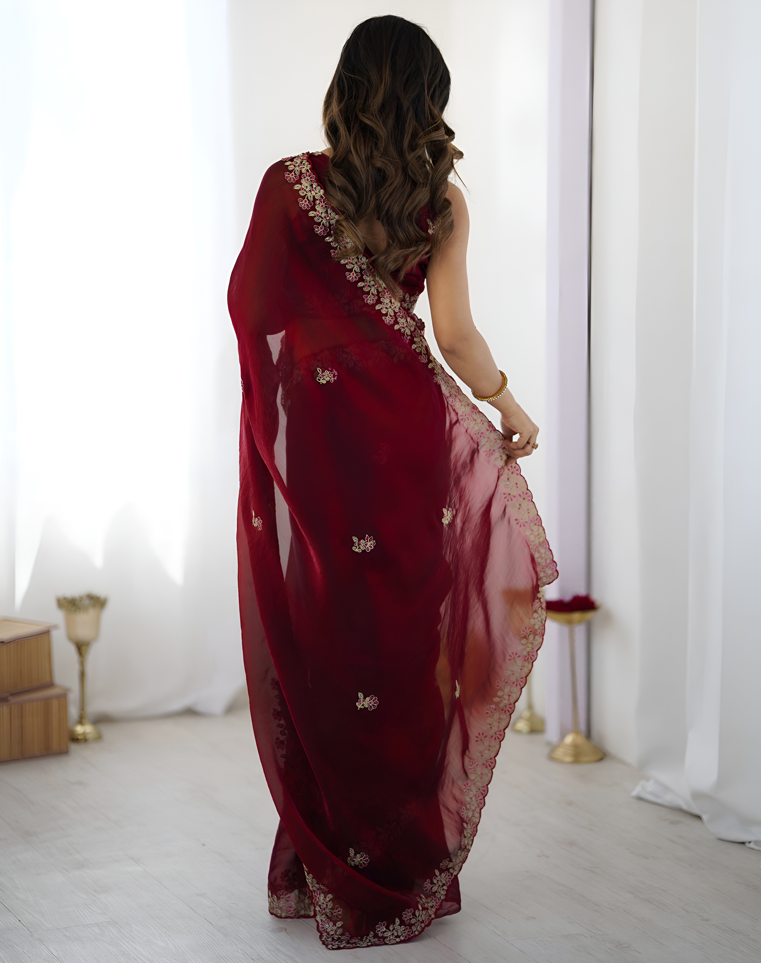 Maroon Threadwork Fendy Satin Silk Saree — alternate view