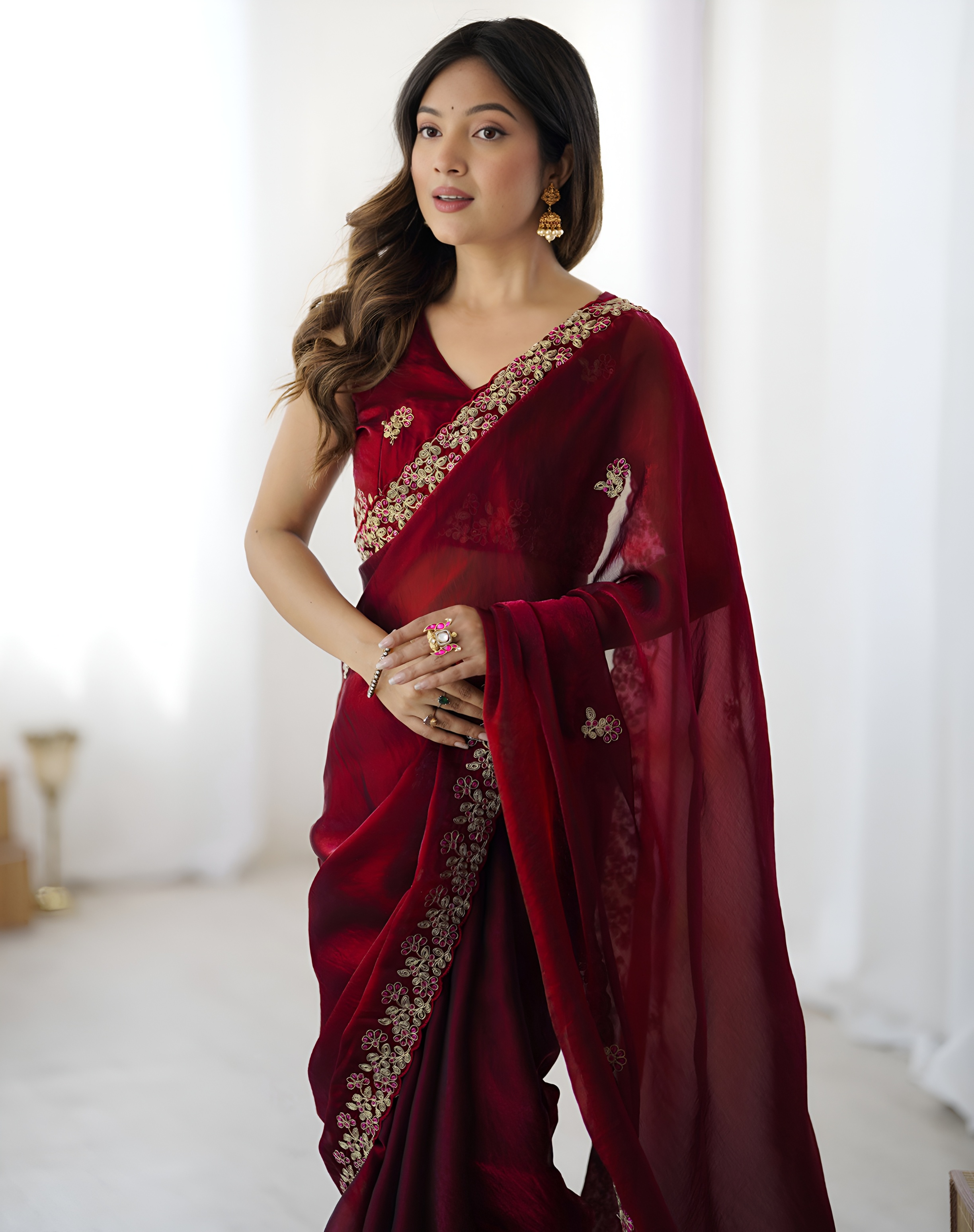 Maroon Threadwork Fendy Satin Silk Saree
