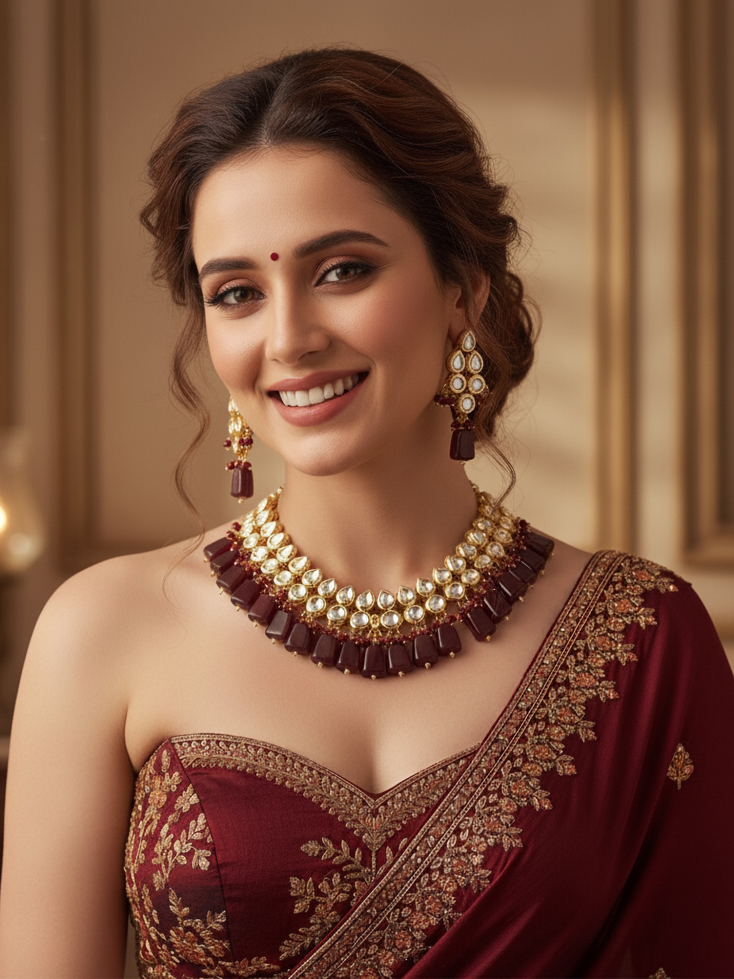 Maroon Traditional Kundan Brass Necklace Set