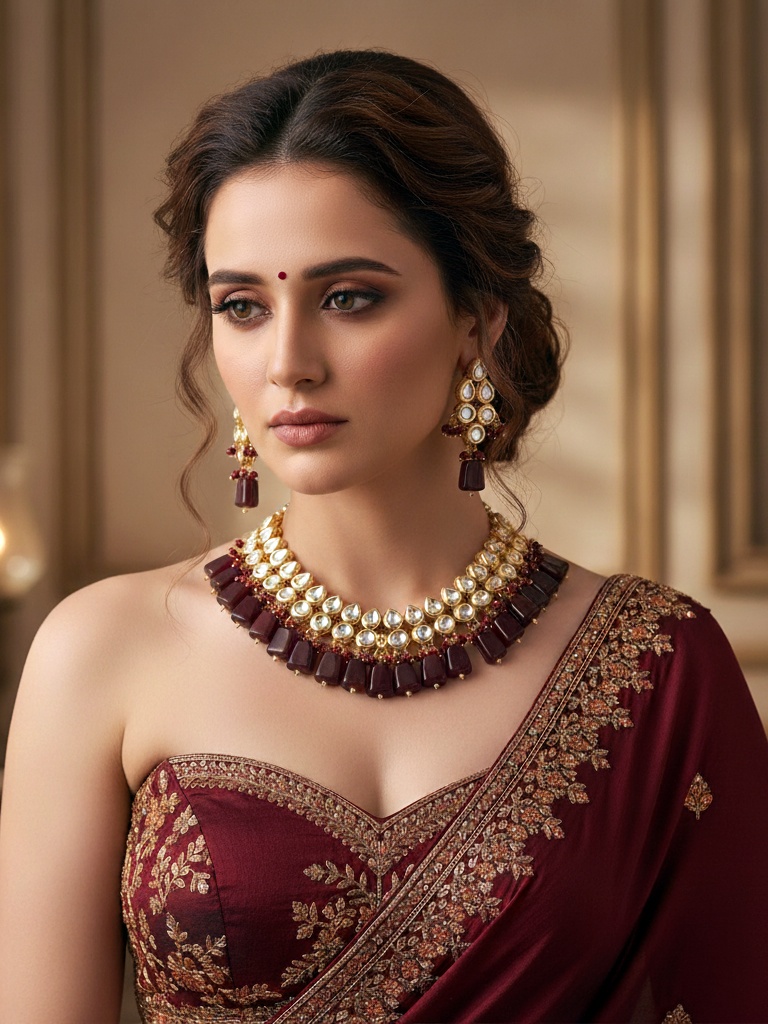 Maroon Traditional Kundan Brass Necklace Set