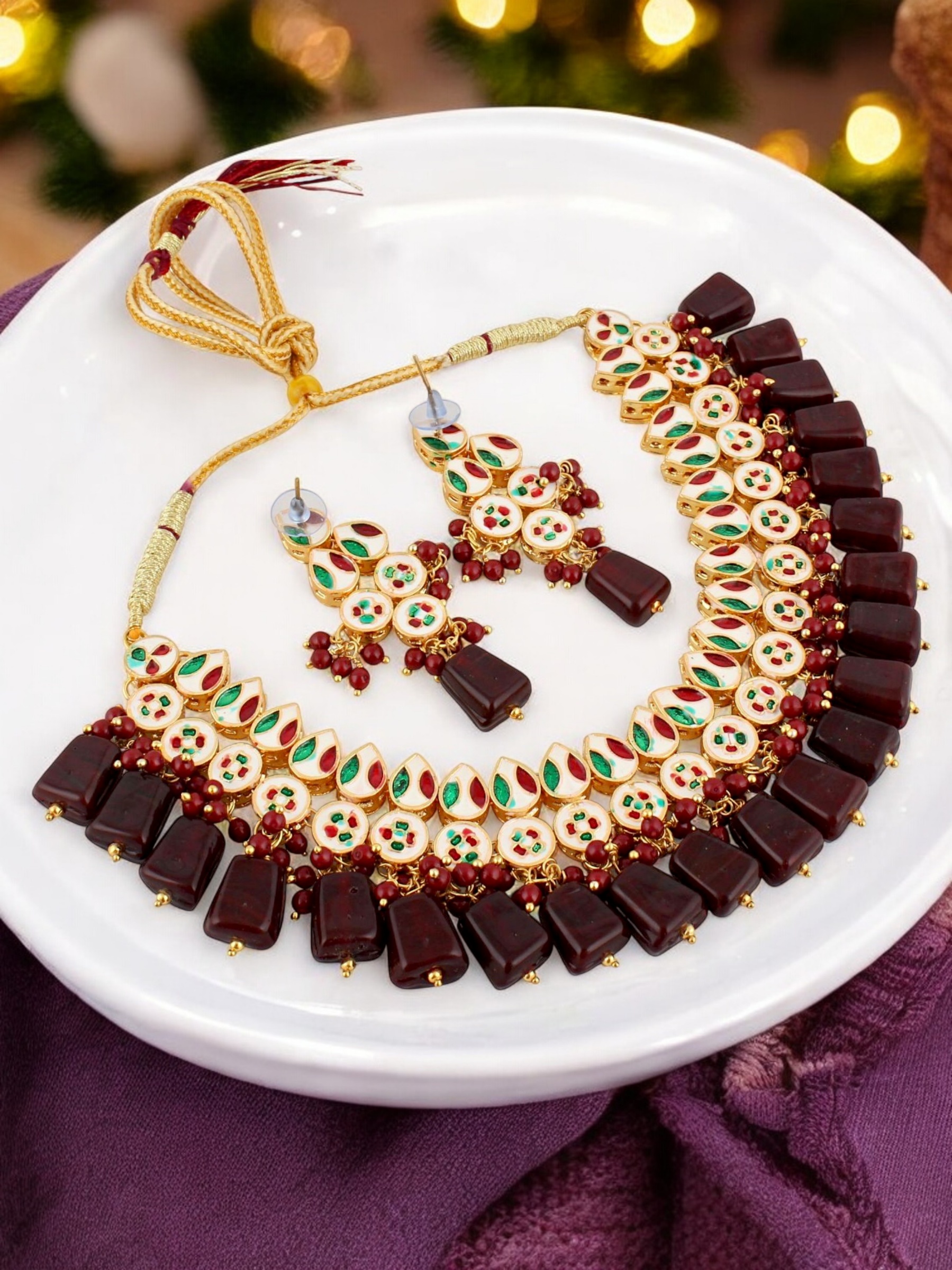 Maroon Traditional Kundan Brass Necklace Set