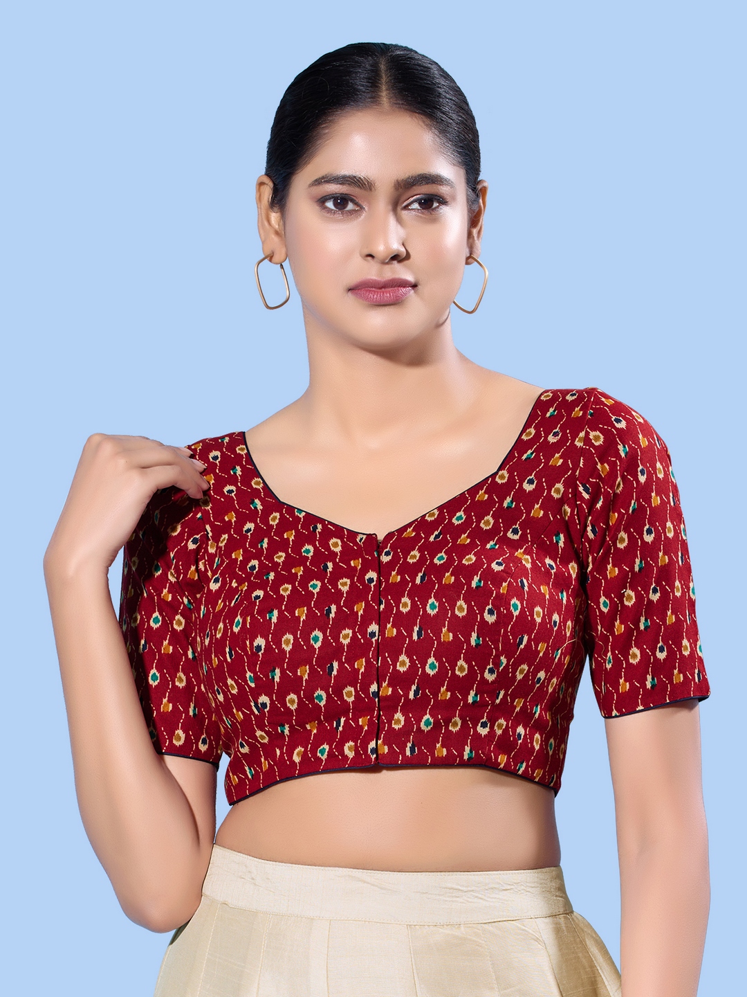 Maroon Traditional Printed Cotton Elbow Blouse