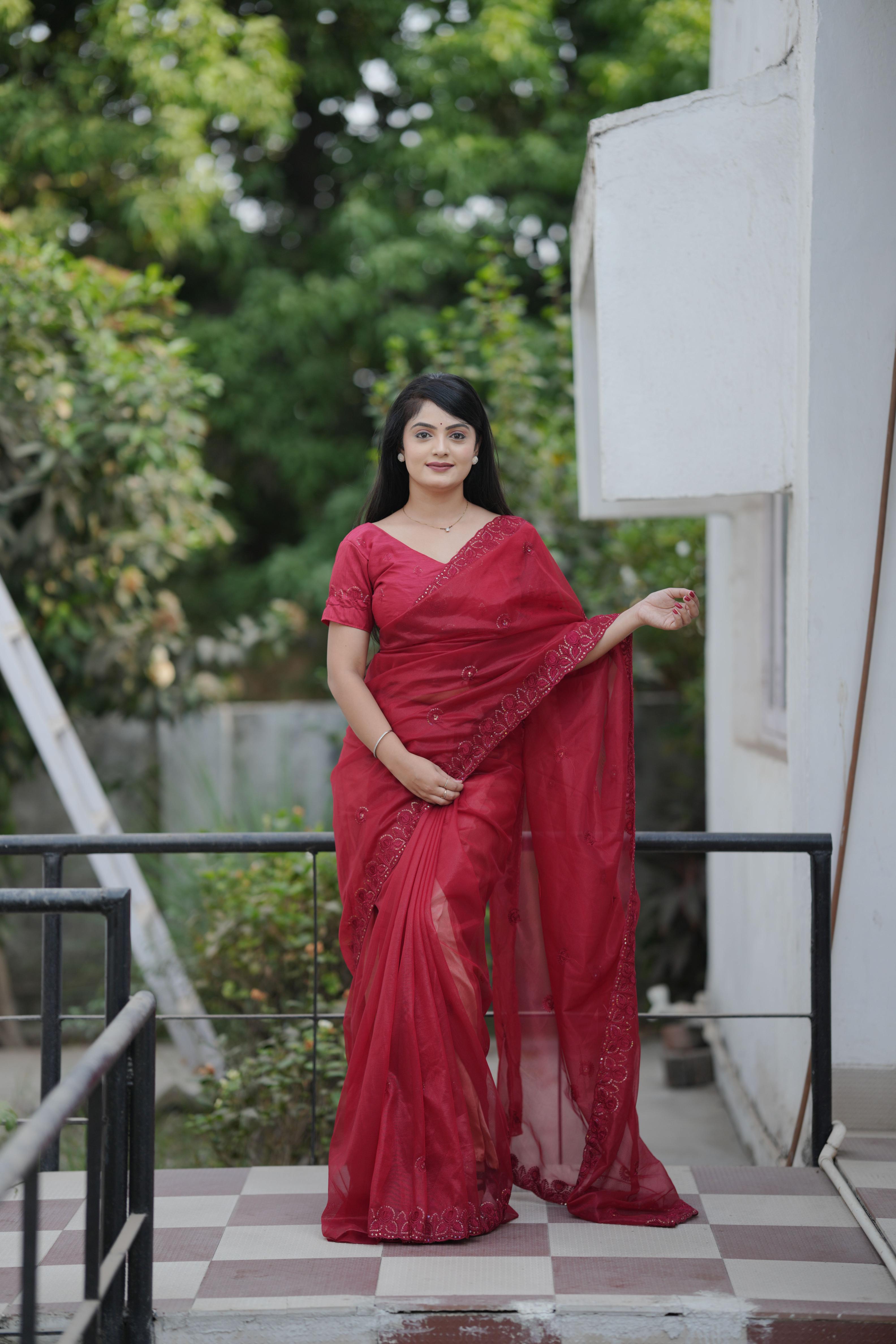 Maroon Twill Net Saree