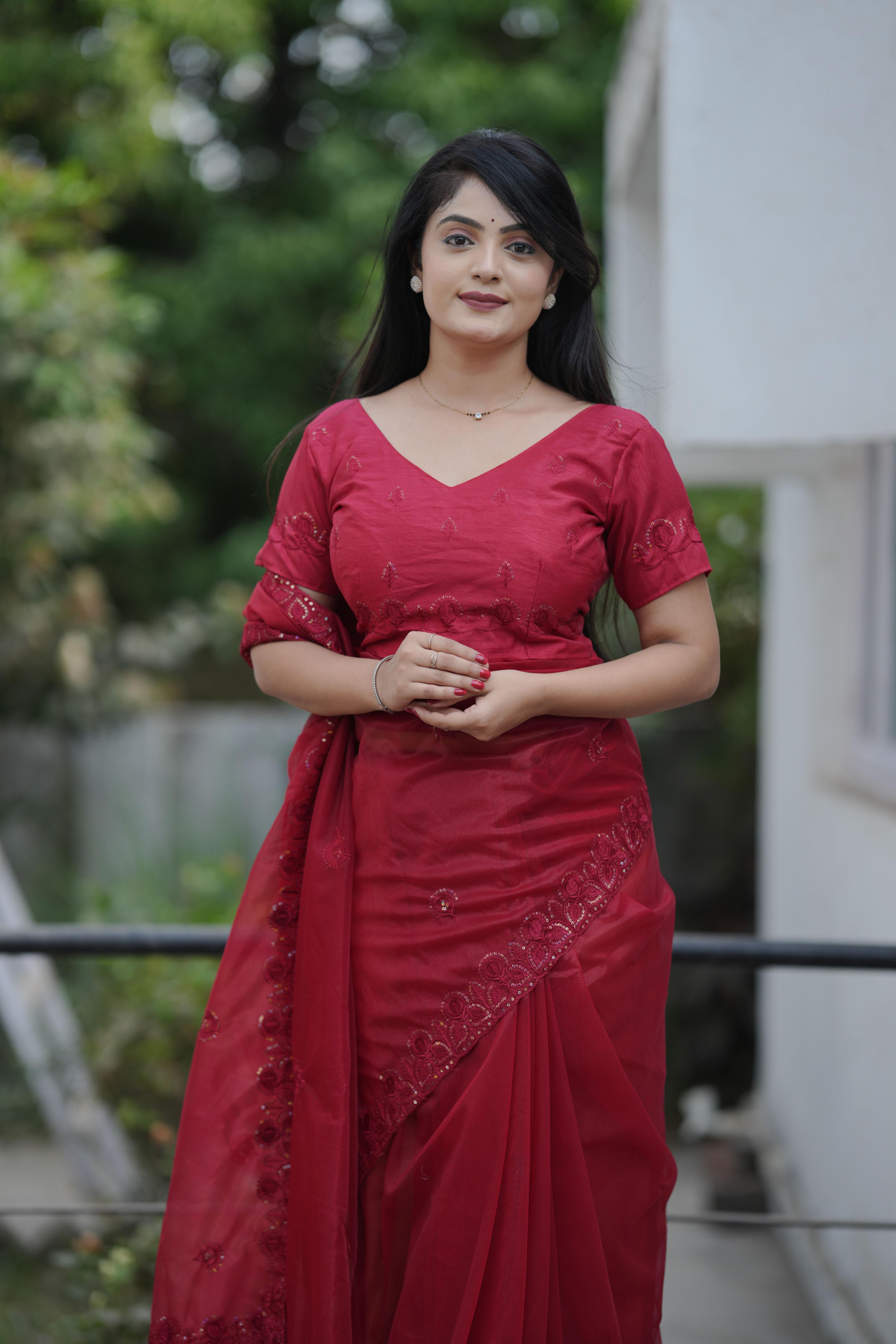 Maroon Twill Net Saree — alternate view