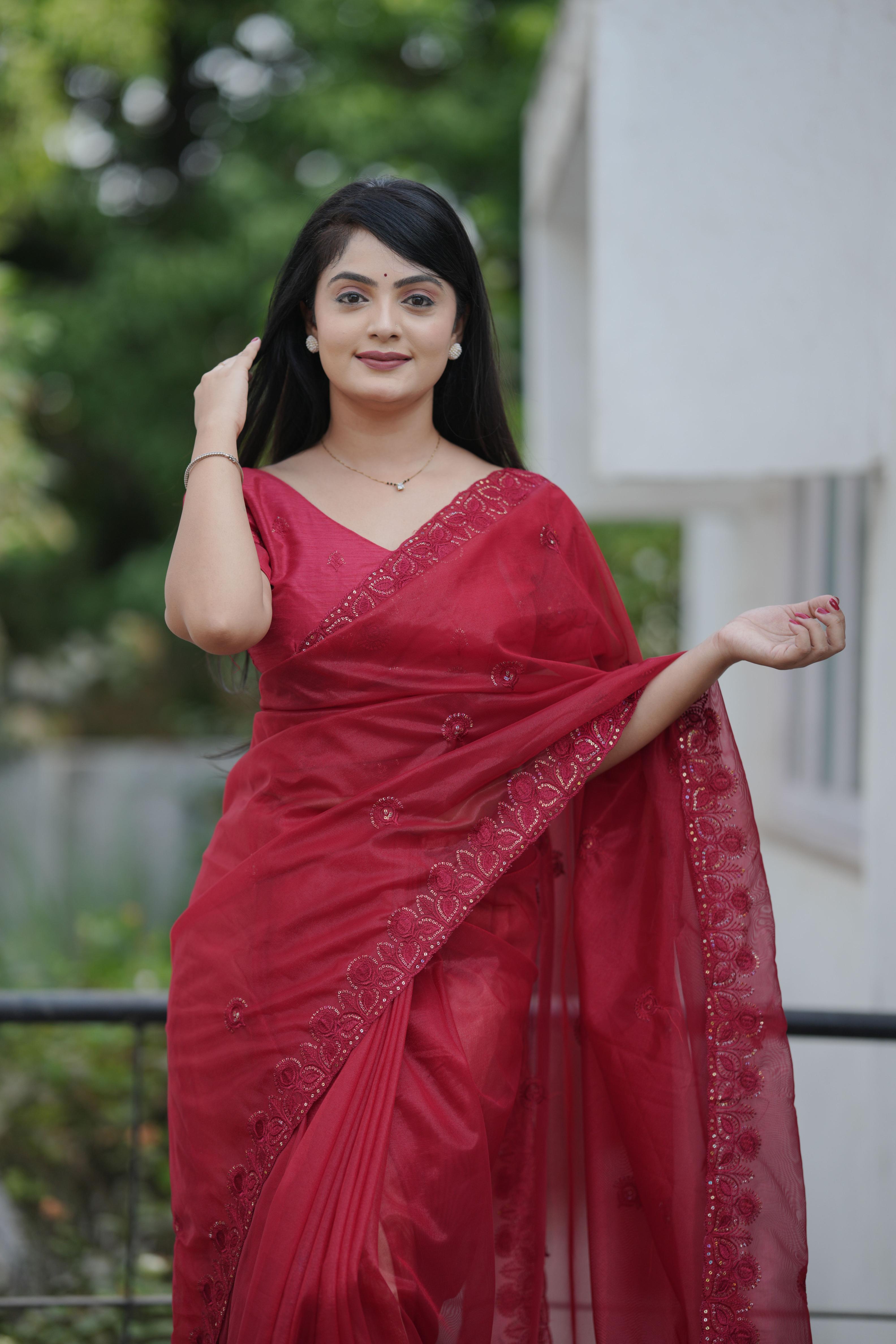 Maroon Twill Net Saree