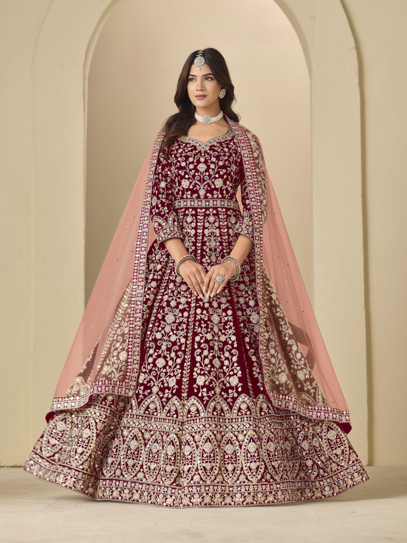 Maroon Velvet Designer Embroidered Anarkali Suit