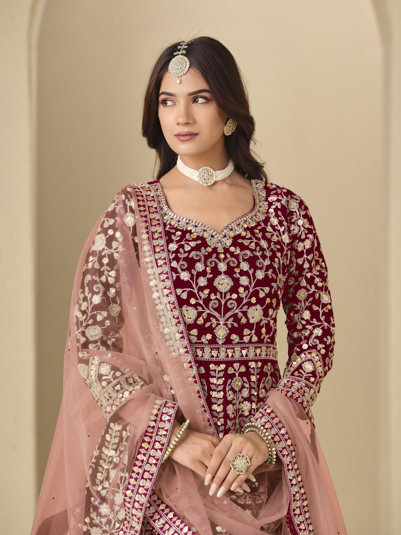 Maroon Velvet Designer Embroidered Anarkali Suit