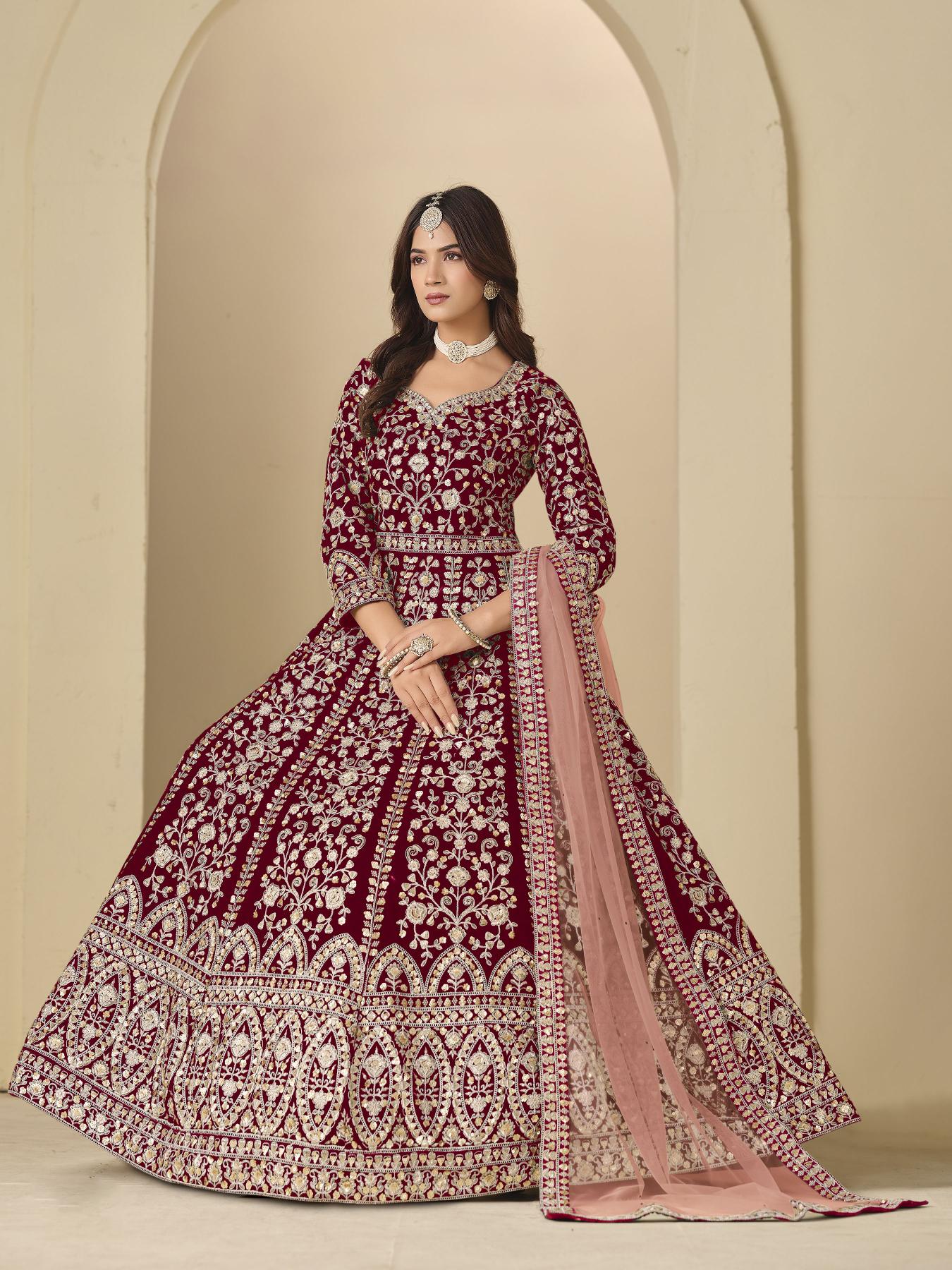 Maroon Velvet Designer Embroidered Anarkali Suit