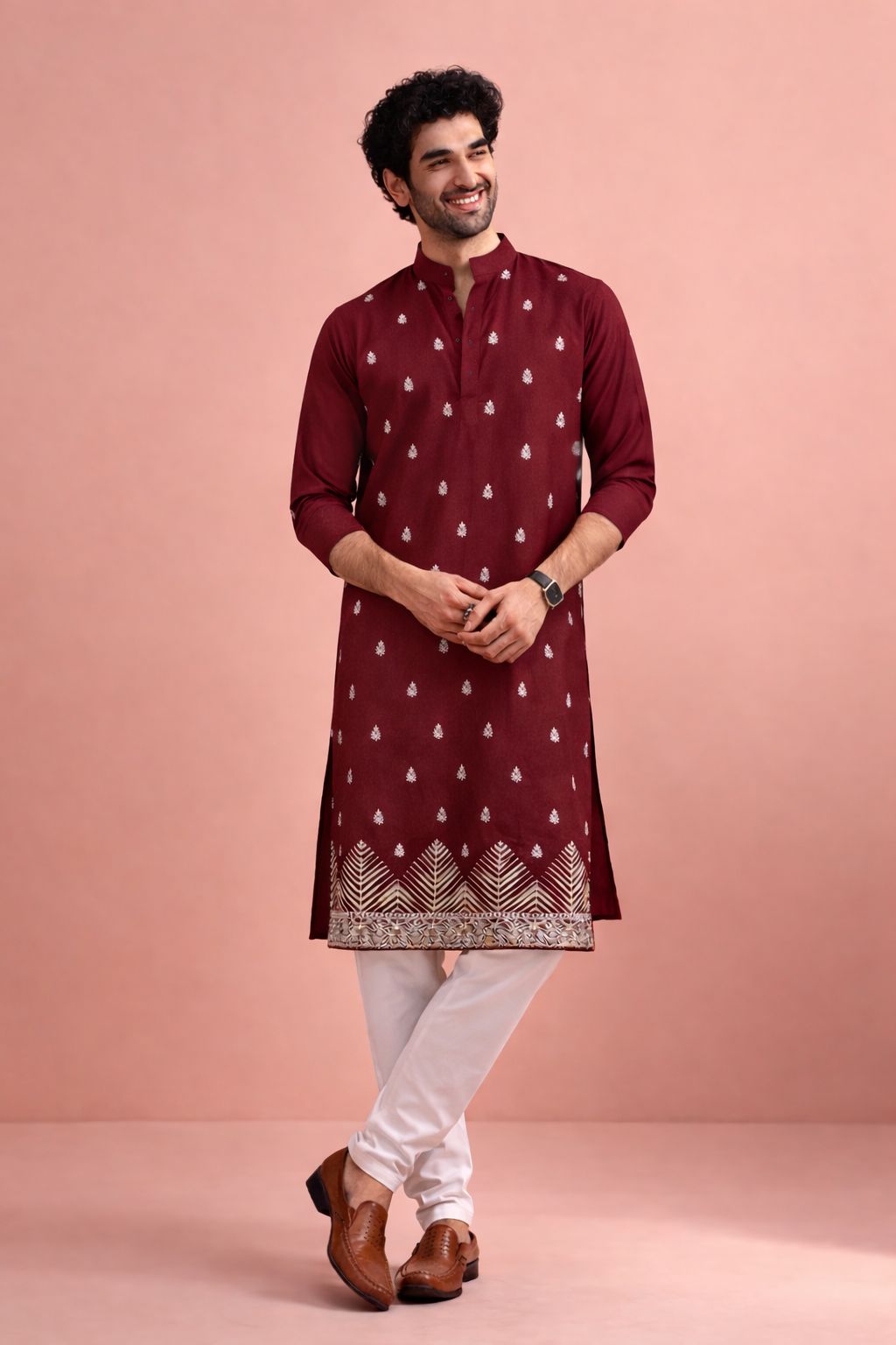Maroon Velvet Designer Embroidery Kurta Pyjama