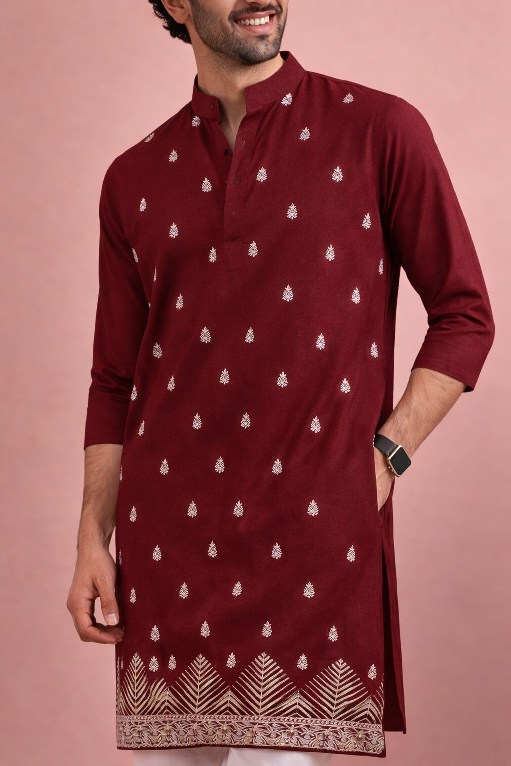 Maroon Velvet Designer Embroidery Kurta Pyjama