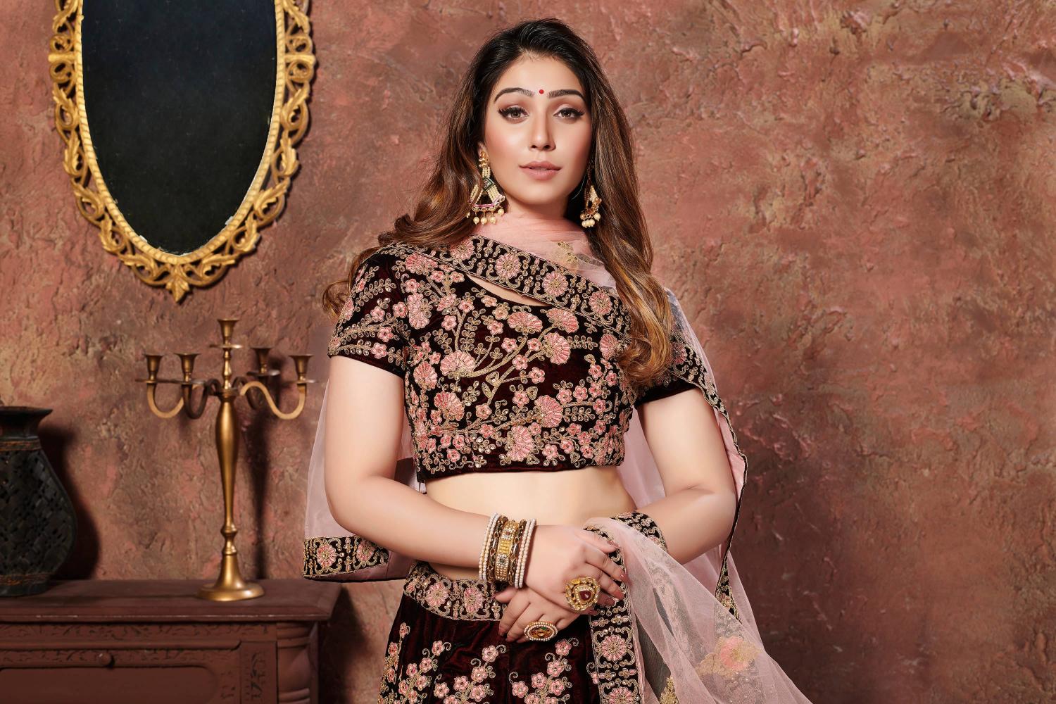 Maroon Velvet Lehenga Choli