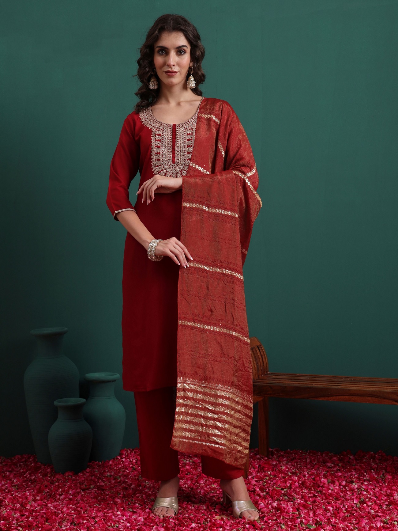 Maroon Viscose Embroidered Readymade Suit