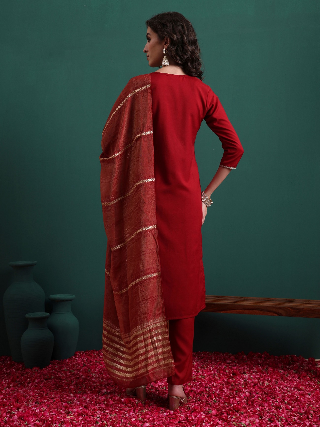 Maroon Viscose Embroidered Readymade Suit — alternate view