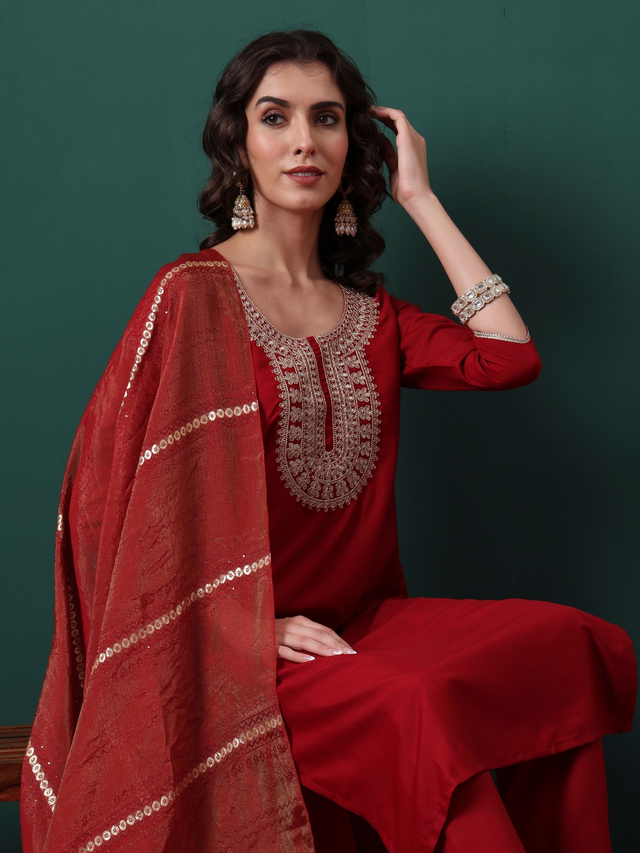 Maroon Viscose Embroidered Readymade Suit
