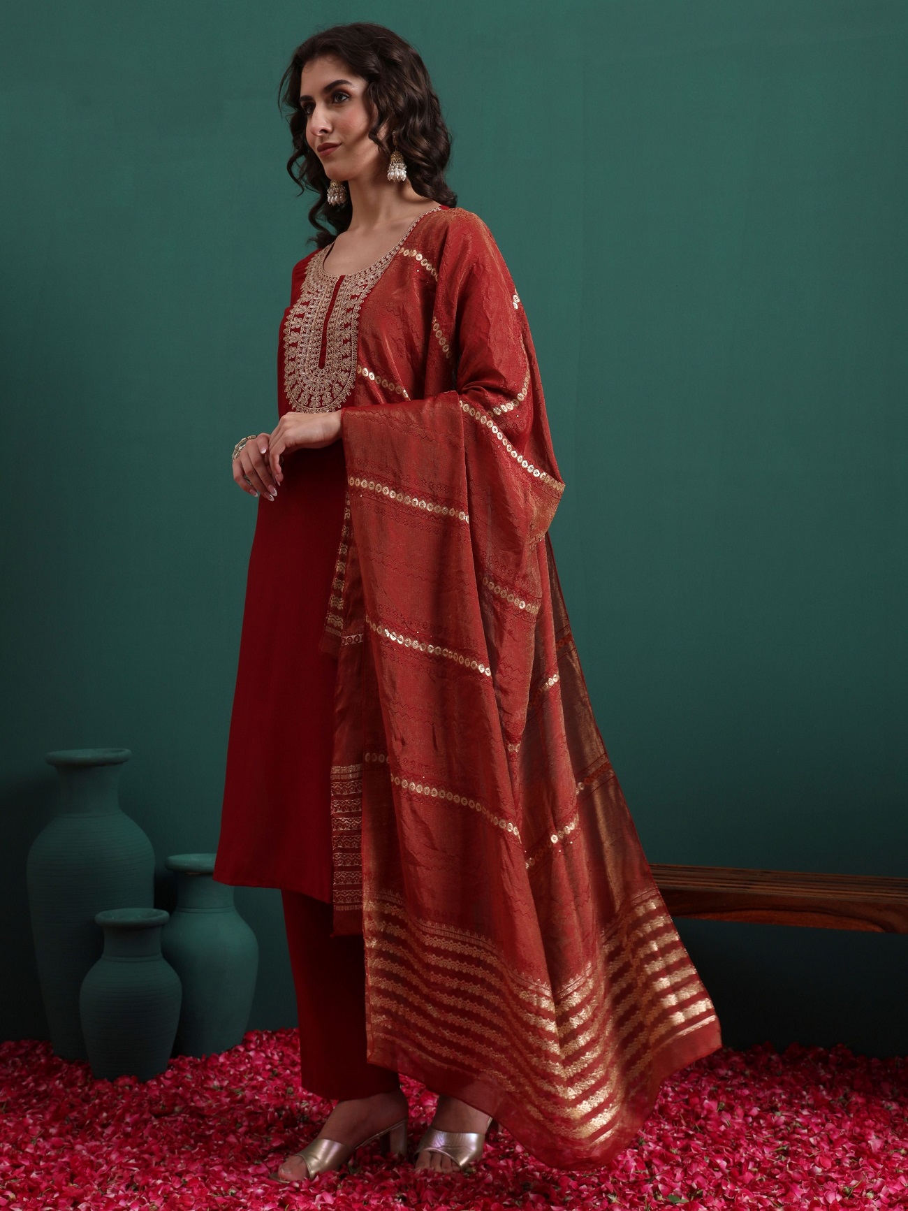 Maroon Viscose Embroidered Readymade Suit