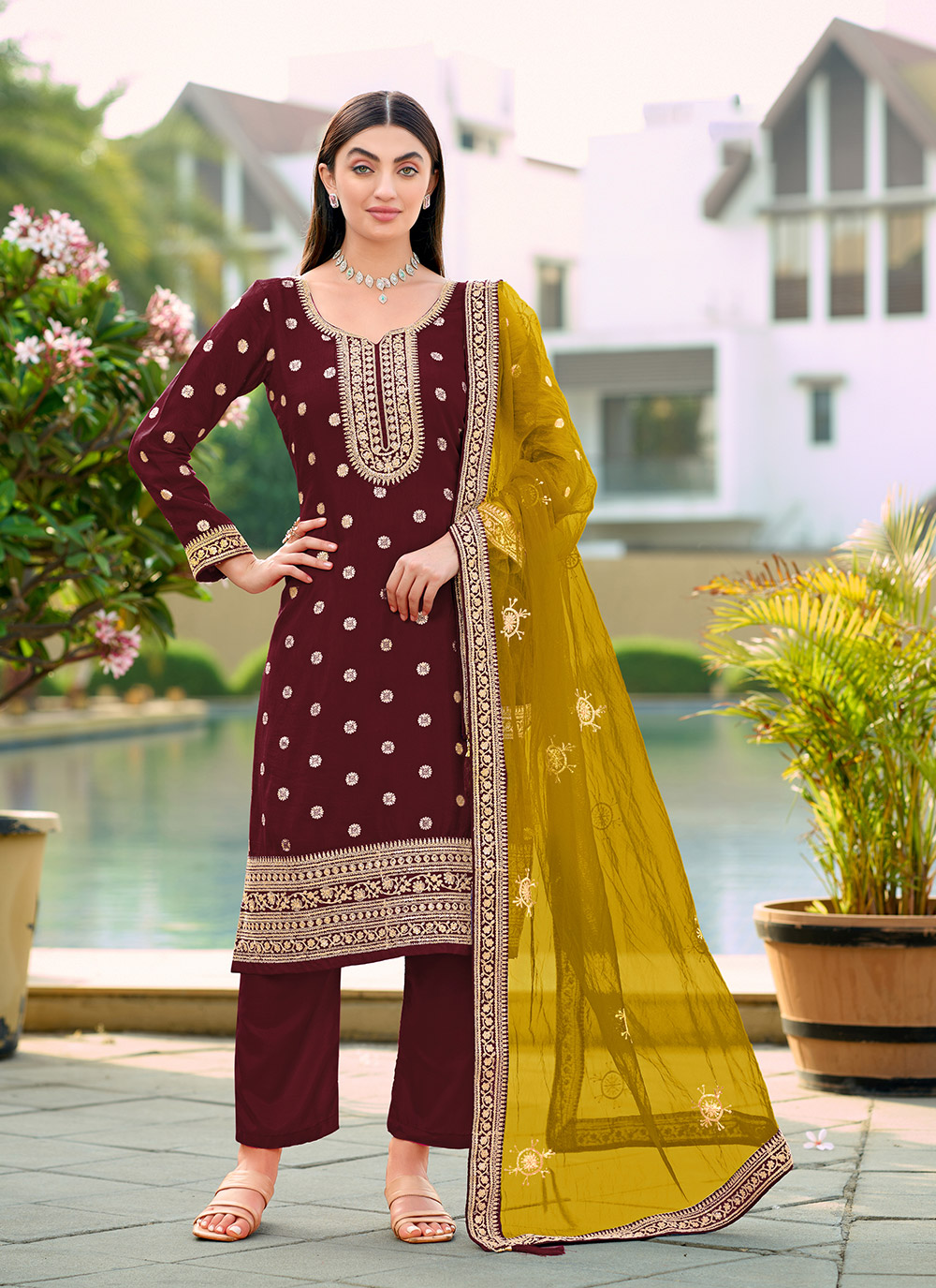 Maroon Viscose Jacquard Embroidered Straight Salwar Suit