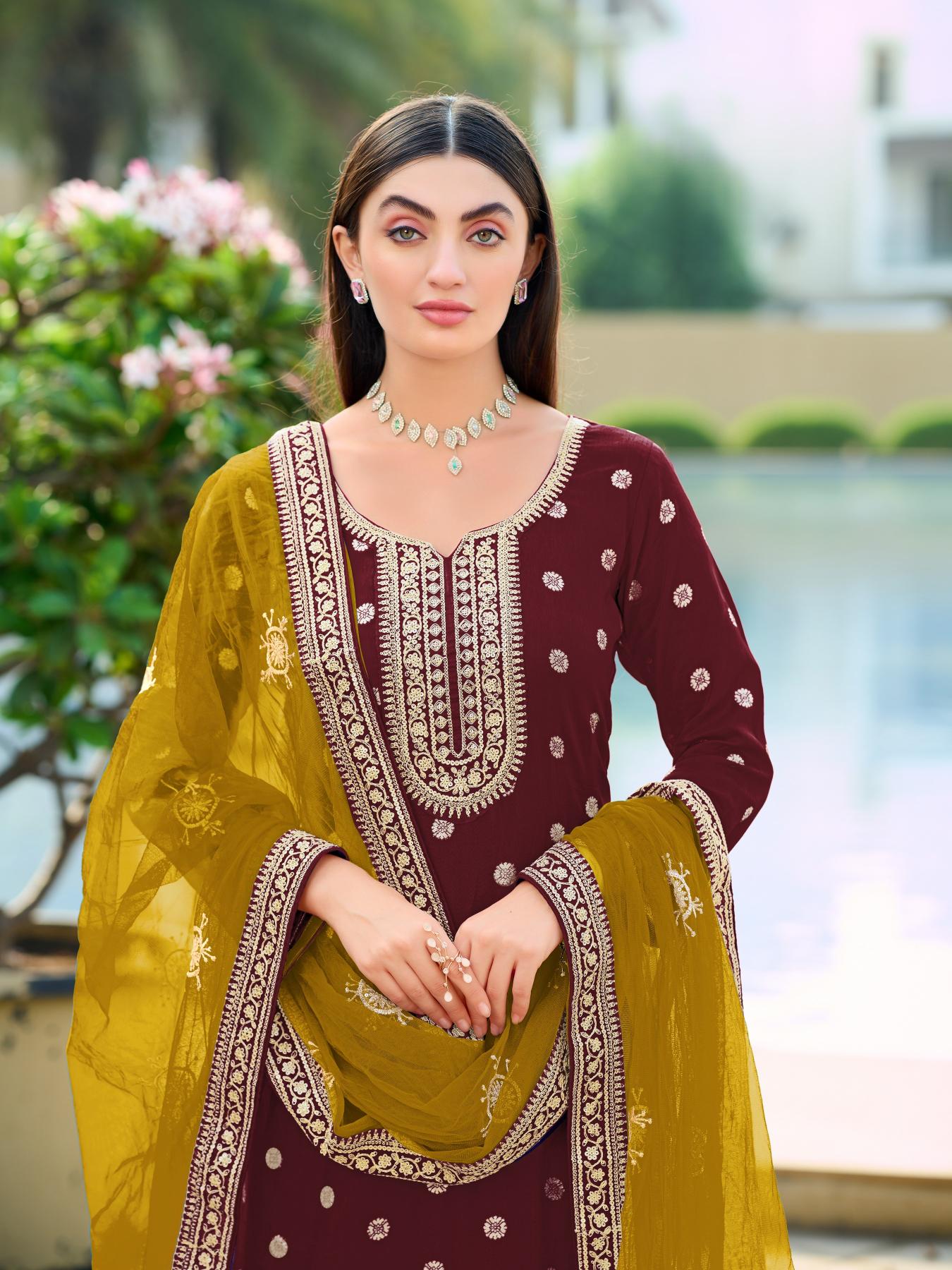 Maroon Viscose Jacquard Embroidered Straight Salwar Suit — alternate view