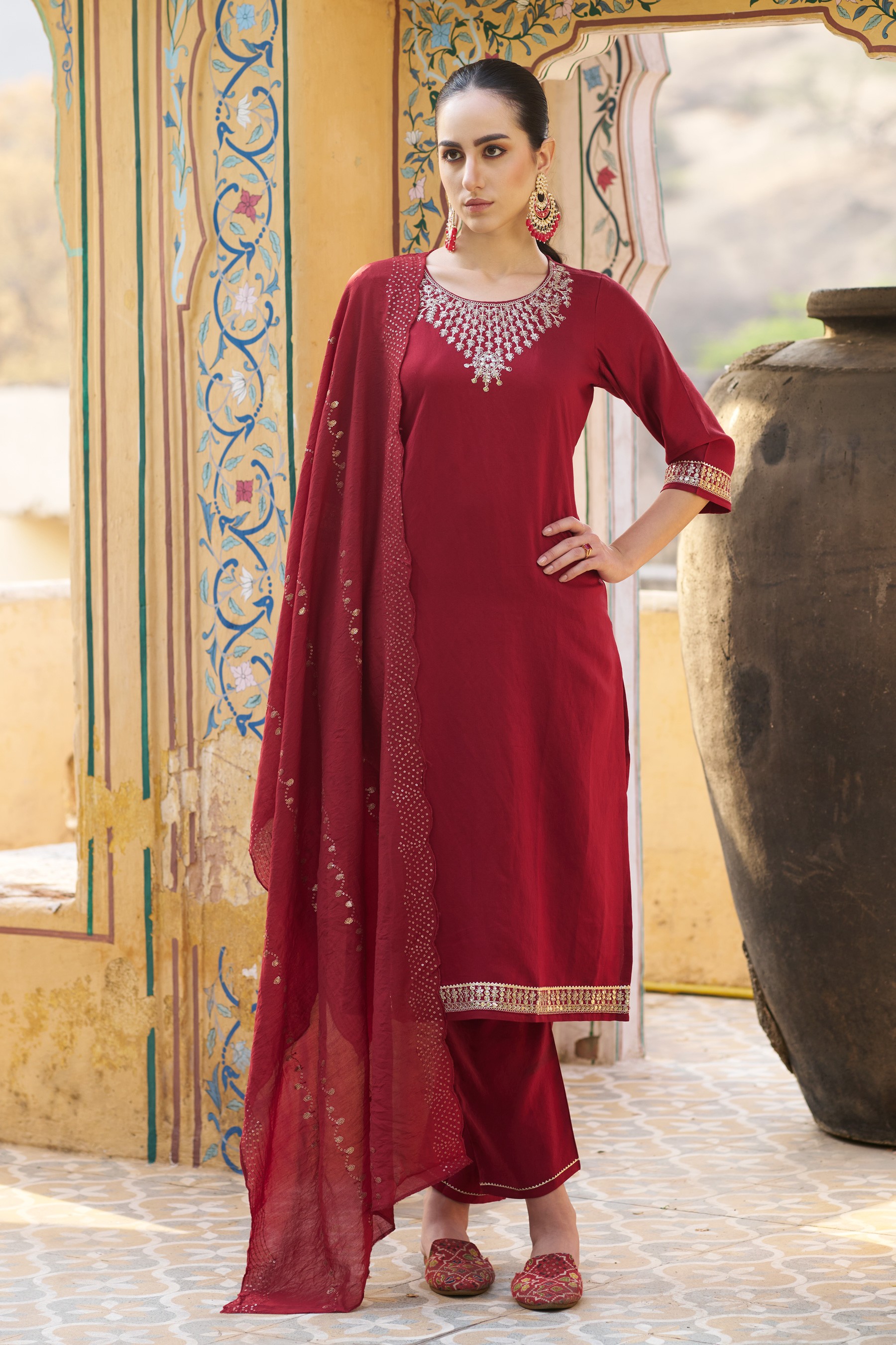 Maroon Viscose Rayon Gold Embroidered Salwar Suit