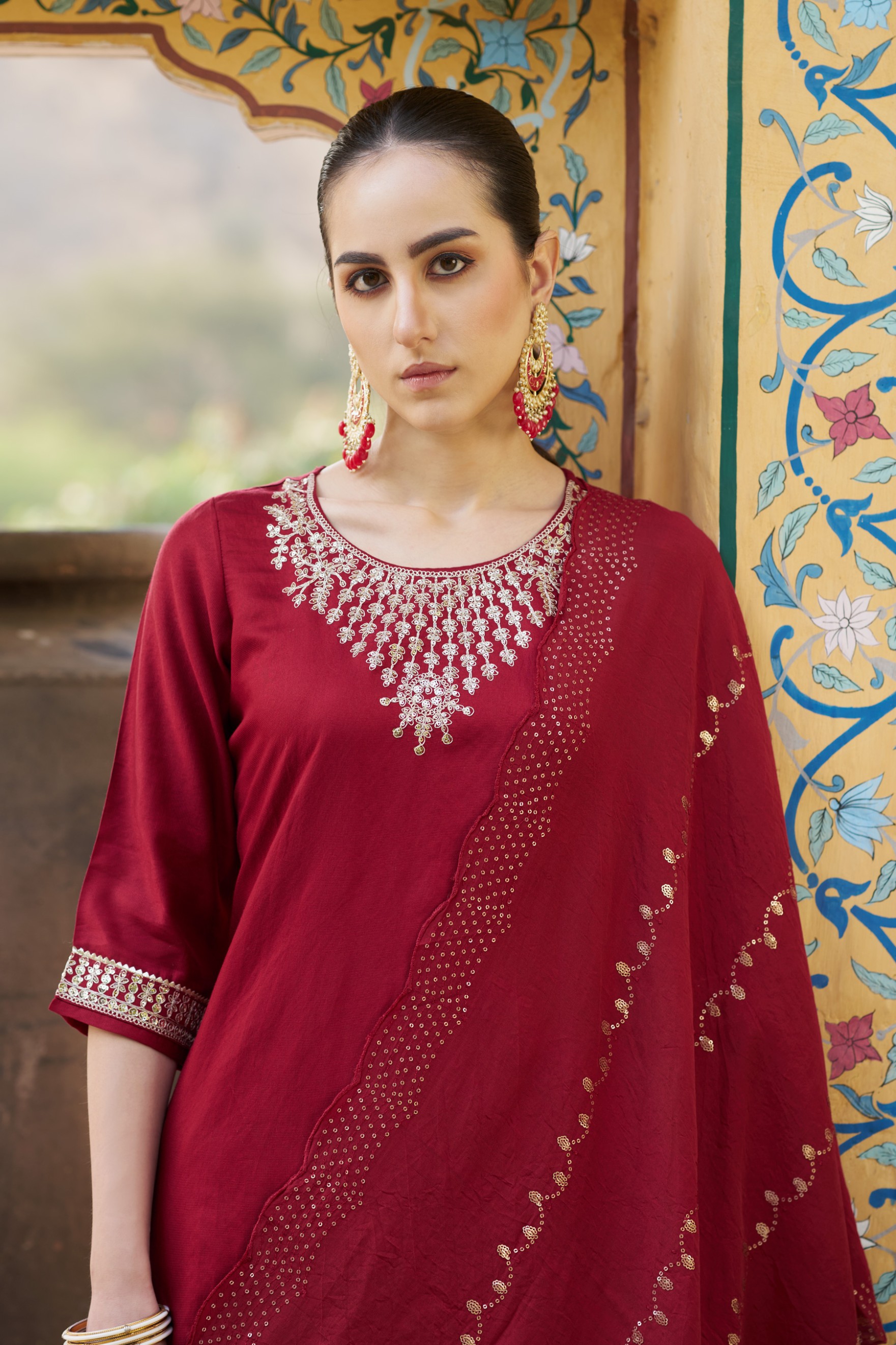 Maroon Viscose Rayon Gold Embroidered Salwar Suit
