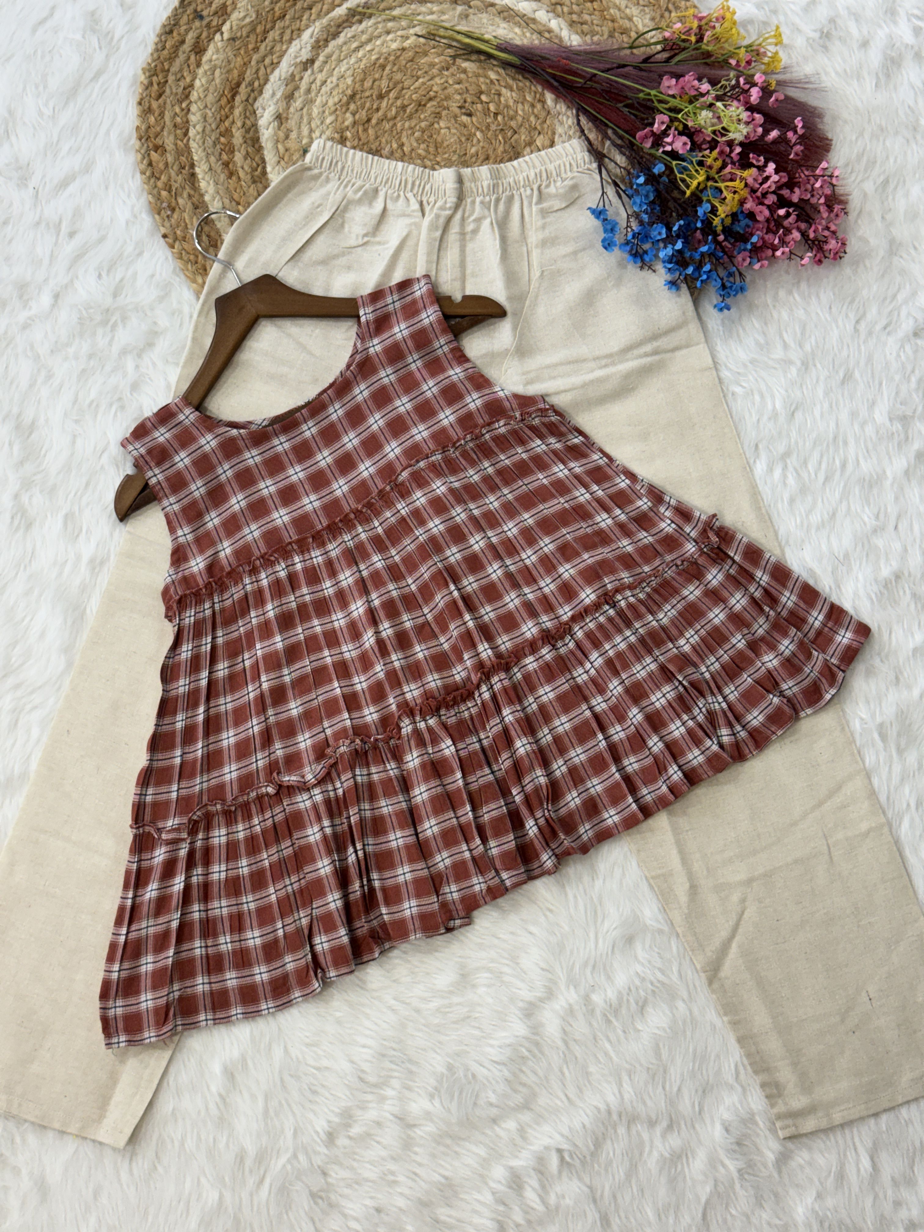 Maroon Woven Checks Linen Cotton Sleeveless Co-Ord Set