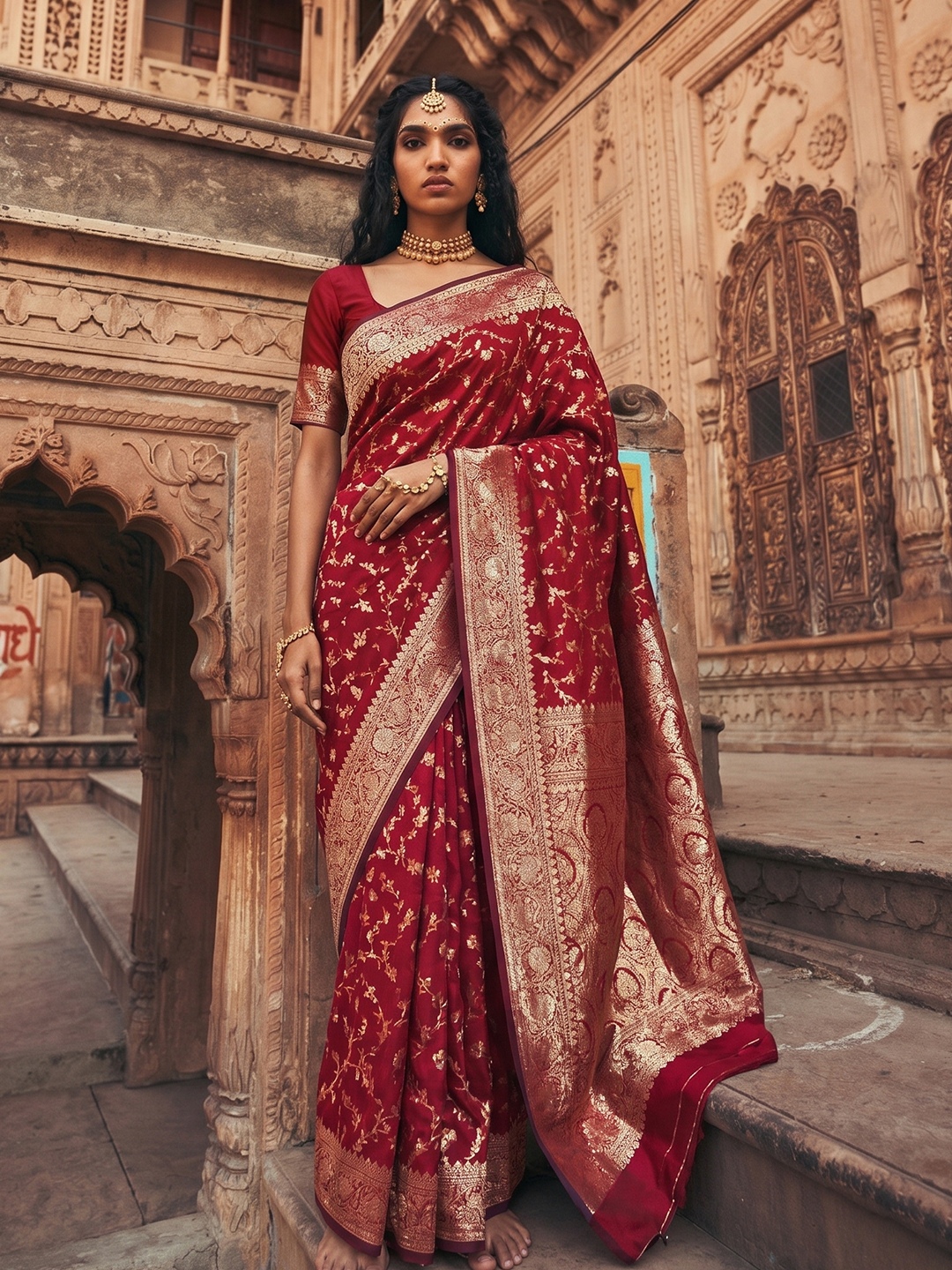 Maroon Woven Jacquard Art Silk Saree