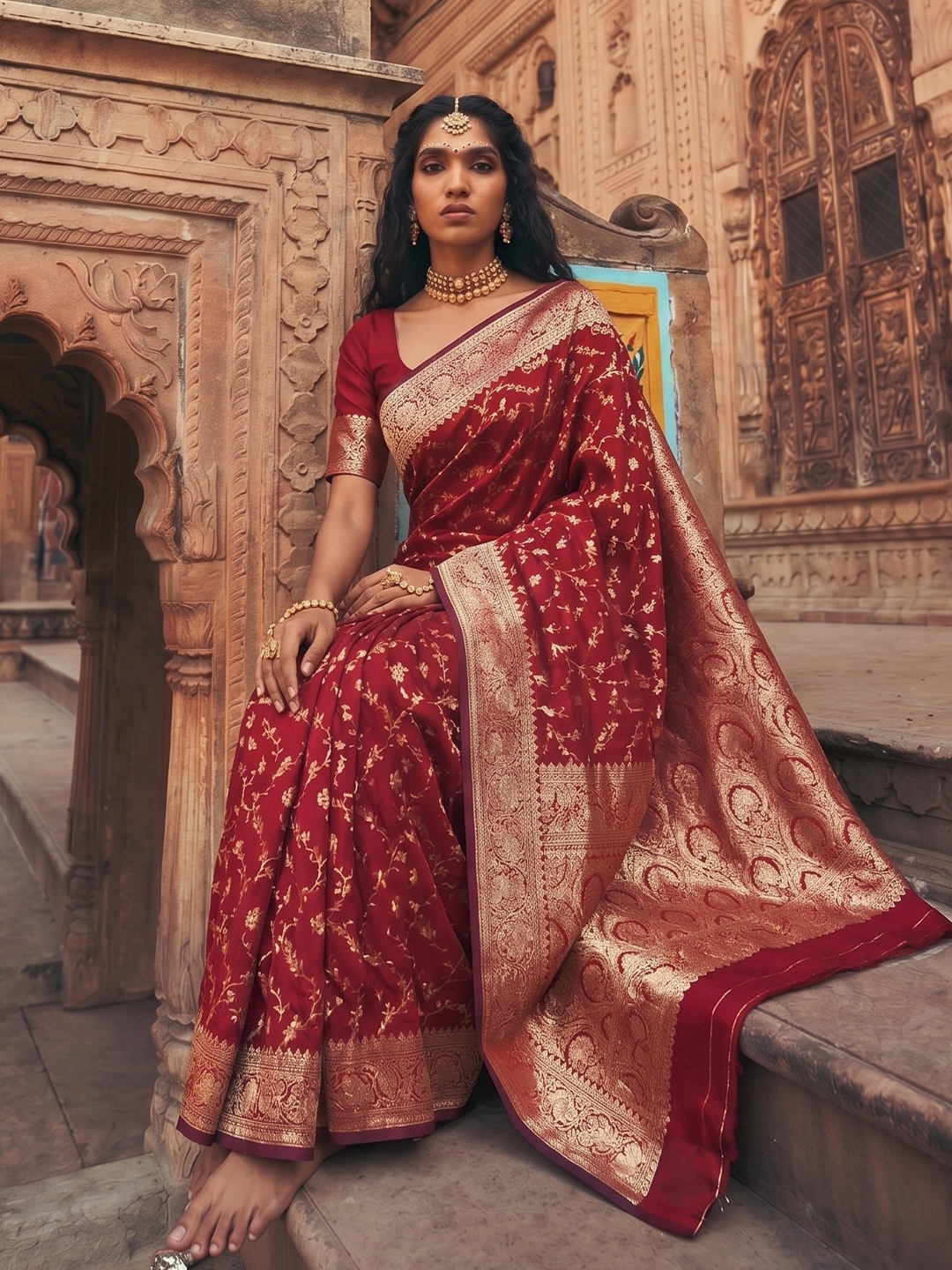 Maroon Woven Jacquard Art Silk Saree