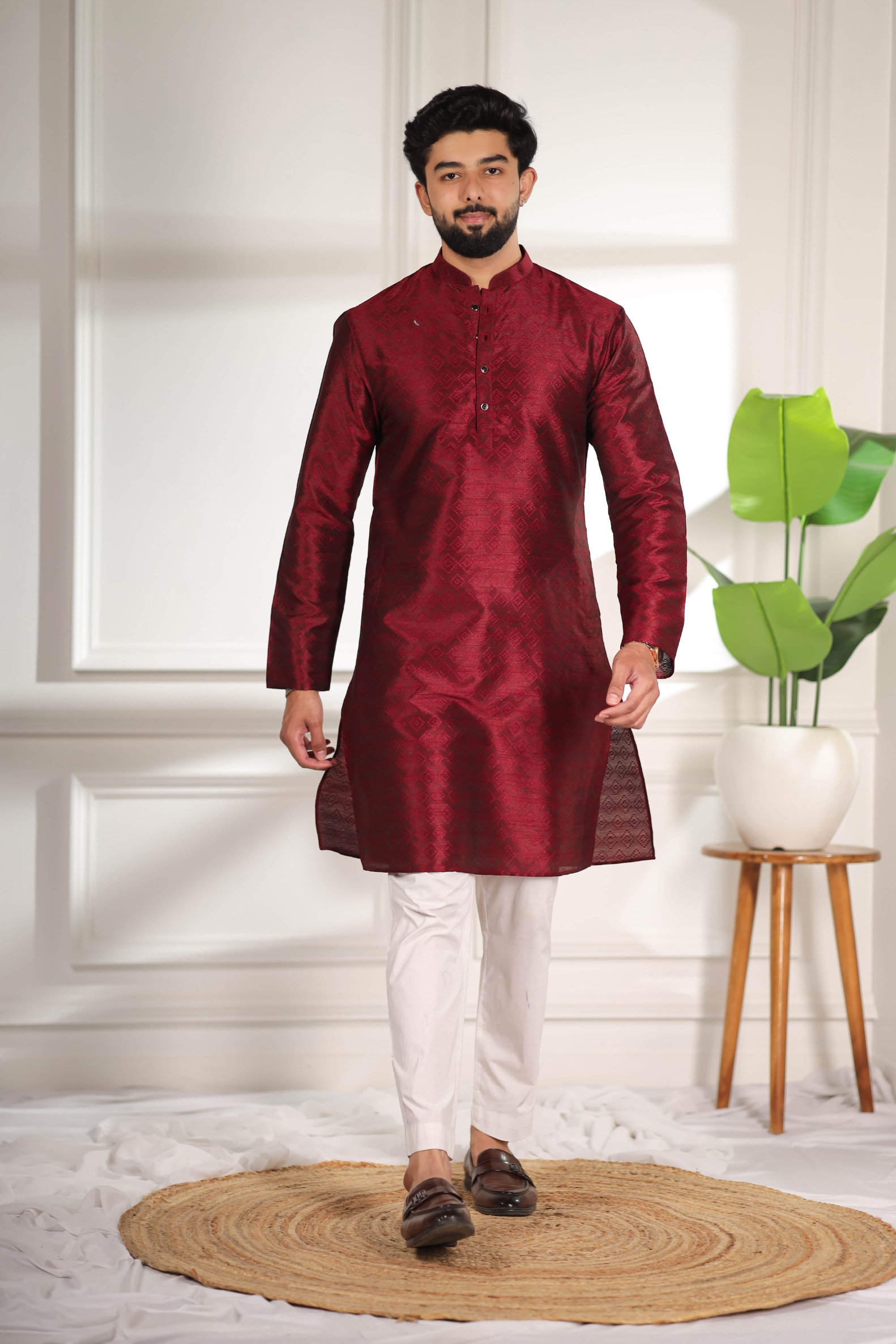 Maroon Woven Pattern Art Silk Kurta Pyjama